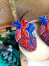 Anatomical heart beaded brooch hand embroidered with red and blue bead details