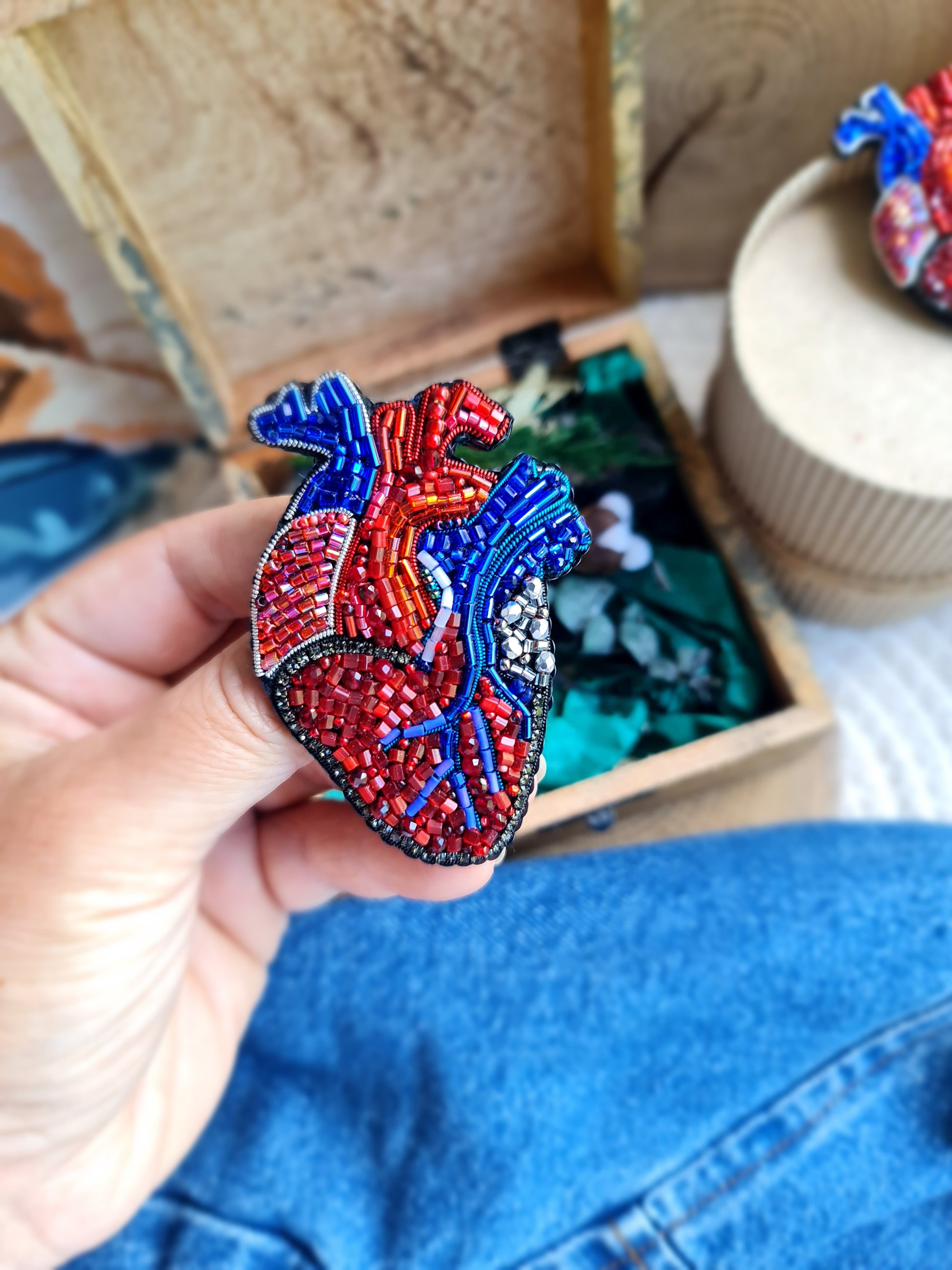 Anatomical Heart Beaded Brooch – Handmade Embroidered Medical Pin