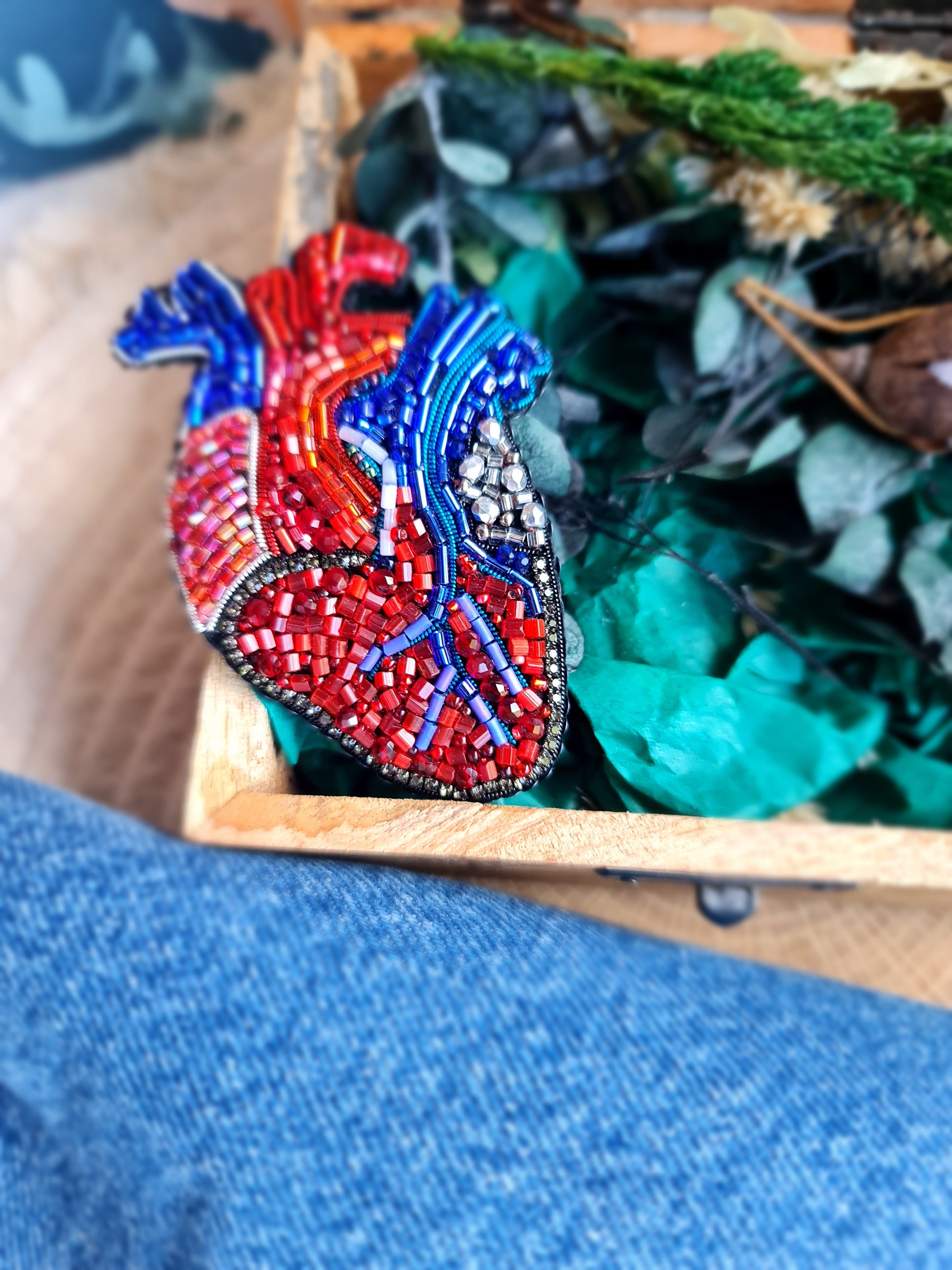 Anatomical Heart Beaded Brooch – Handmade Embroidered Medical Pin