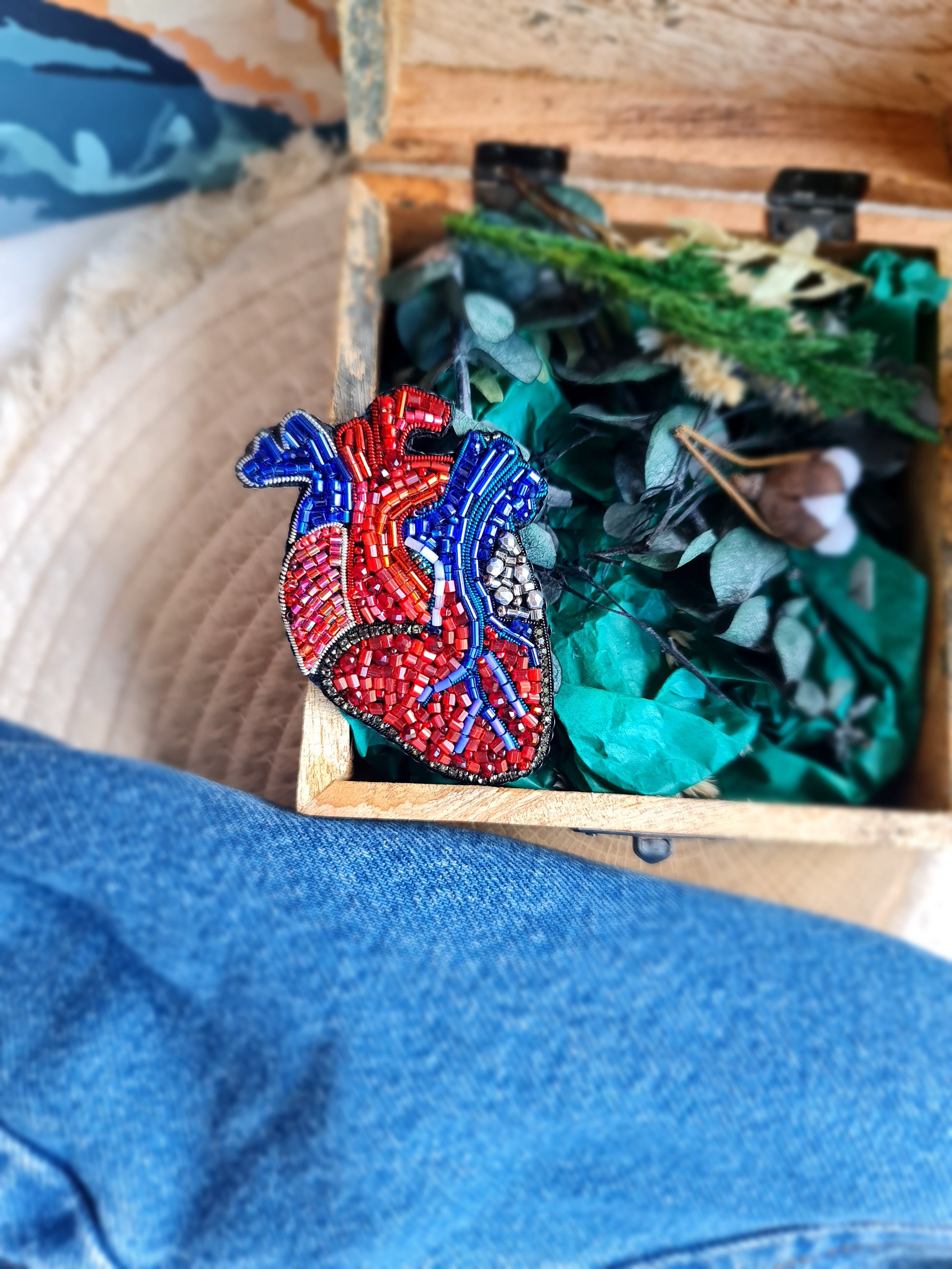 Anatomical Heart Beaded Brooch – Handmade Embroidered Medical Pin