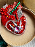 Red anatomical heart brooch with pink eye, hand embroidered with beads and crystals