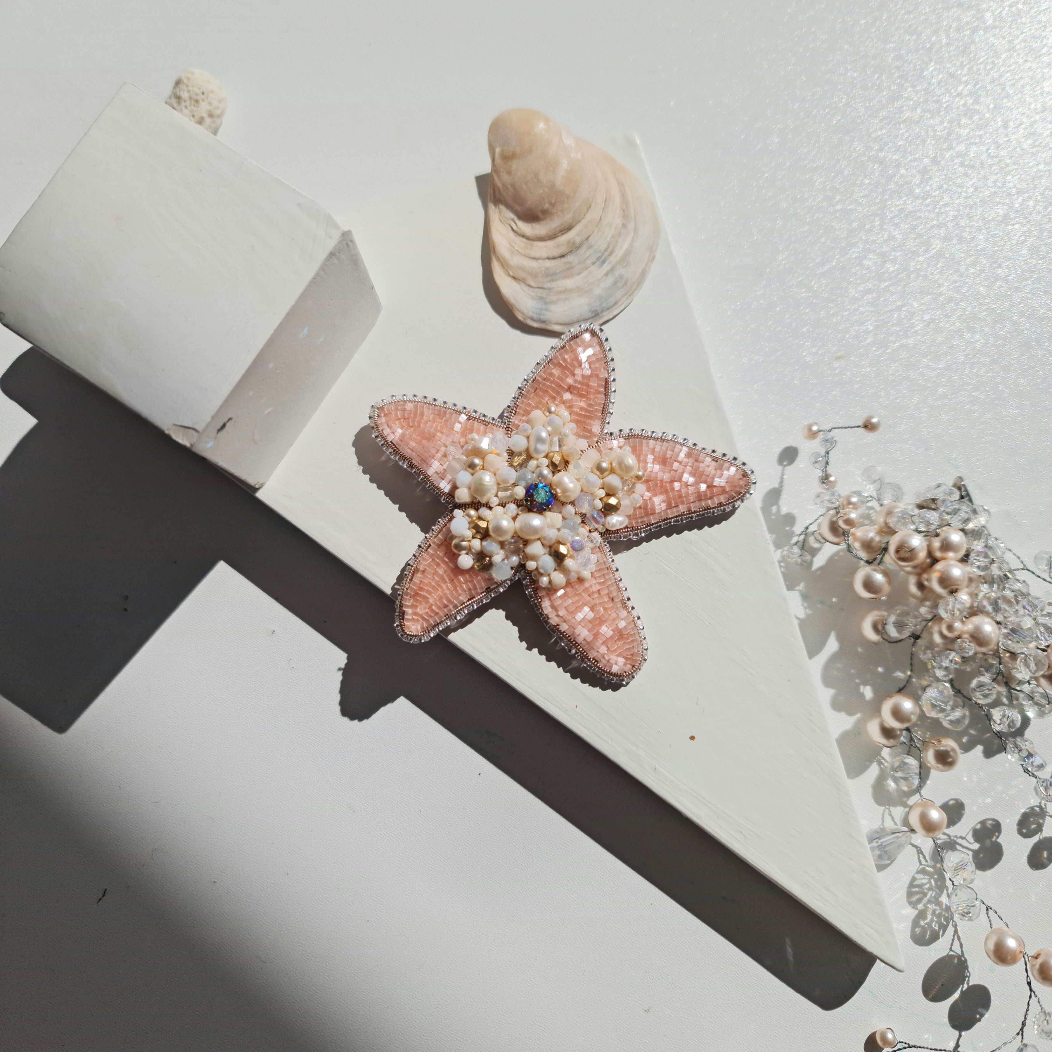 Peach starfish beaded brooch hand embroidered with pearls crystals and delicate bead details