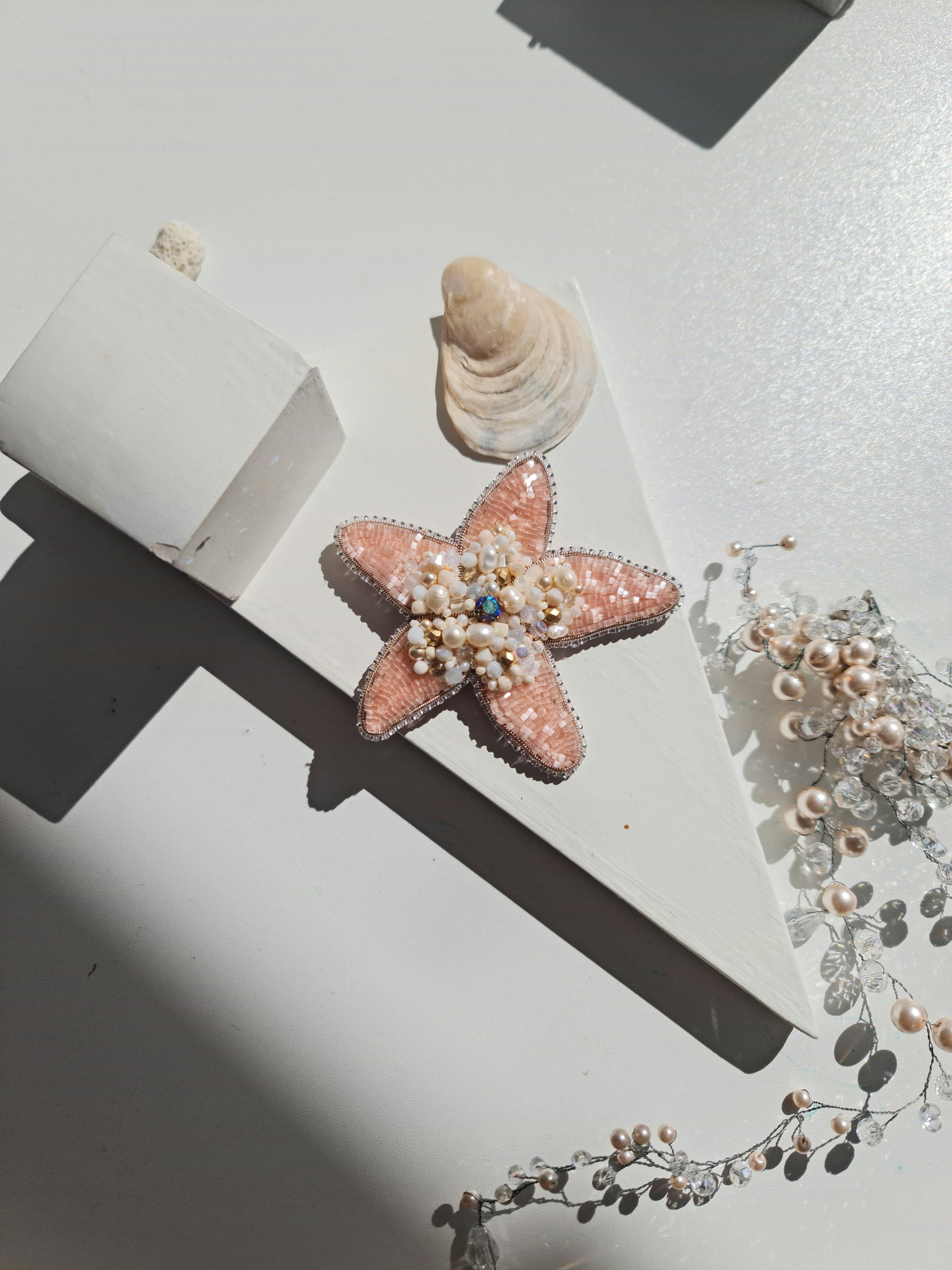 Peach starfish beaded brooch hand embroidered with pearls crystals and delicate bead details