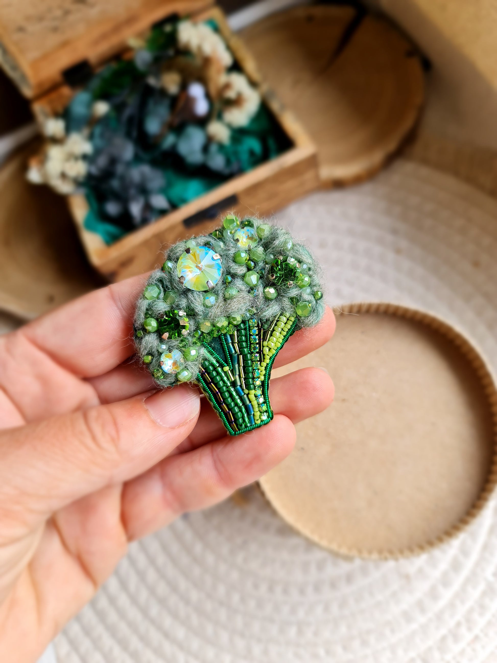 Small Broccoli Beaded Brooch