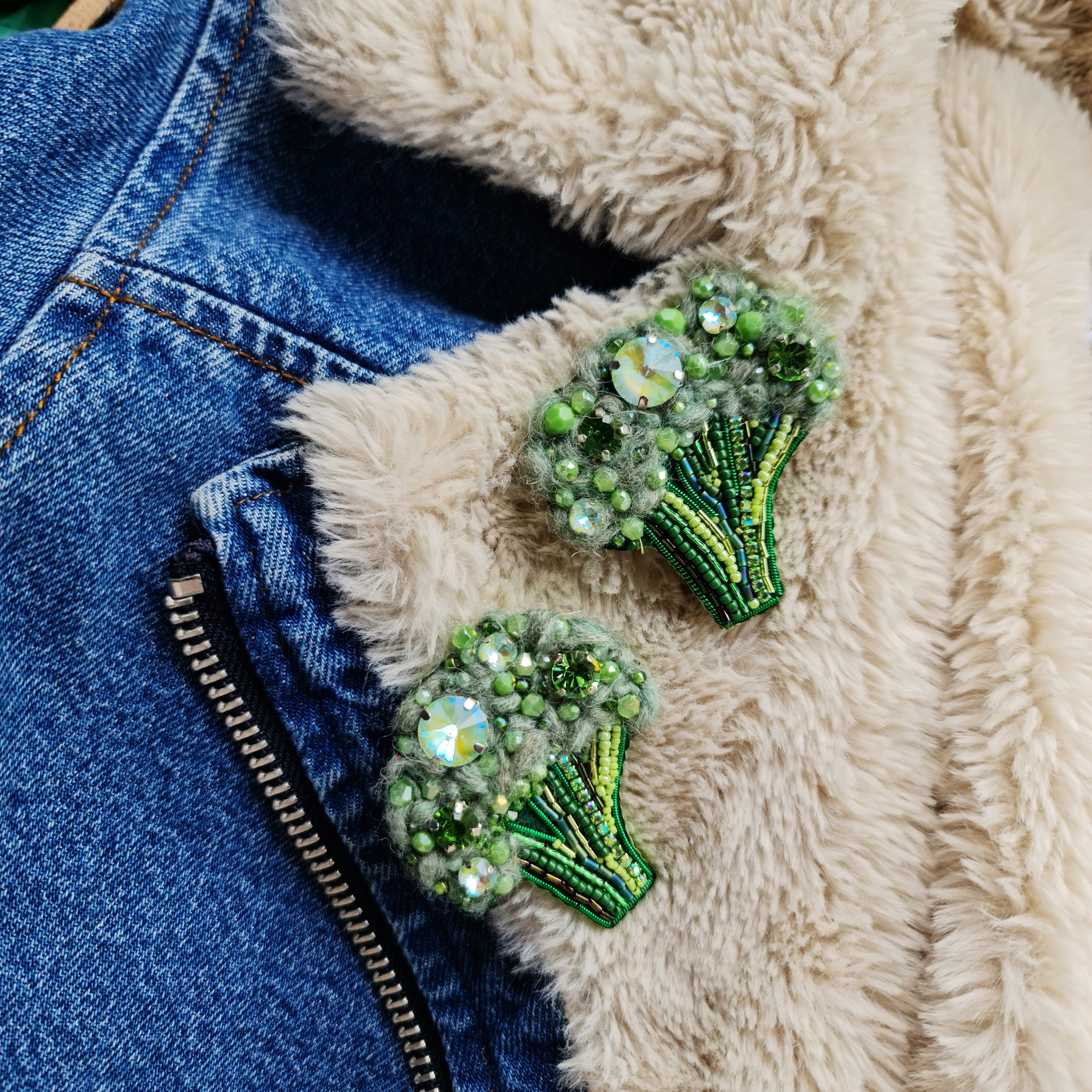 Small broccoli beaded brooch hand embroidered with green beads crystals and soft textured details