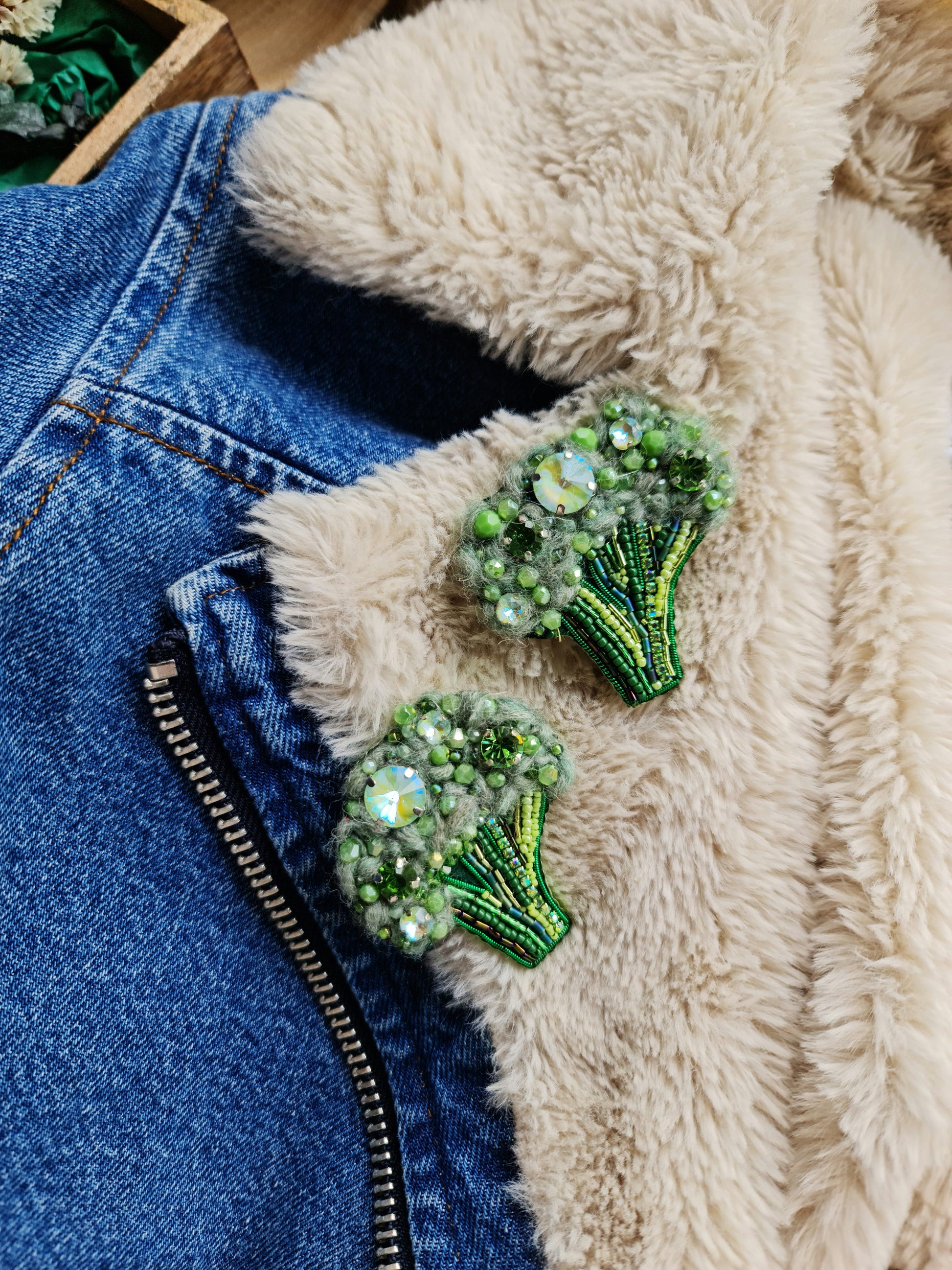 Small broccoli beaded brooch hand embroidered with green beads crystals and soft textured details