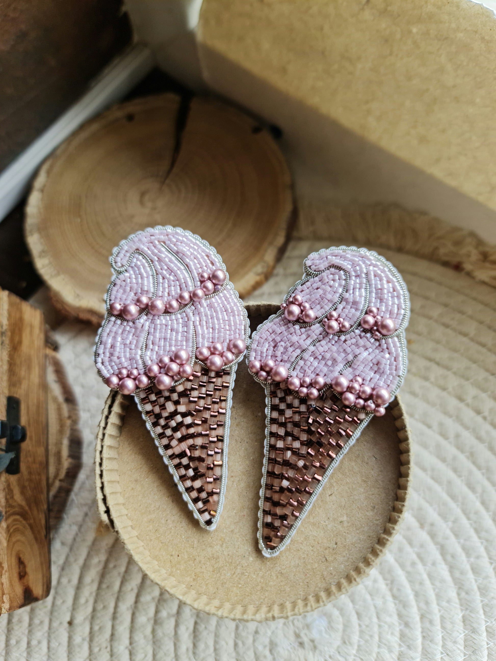 Pink Ice Cream Cone Beaded Brooch