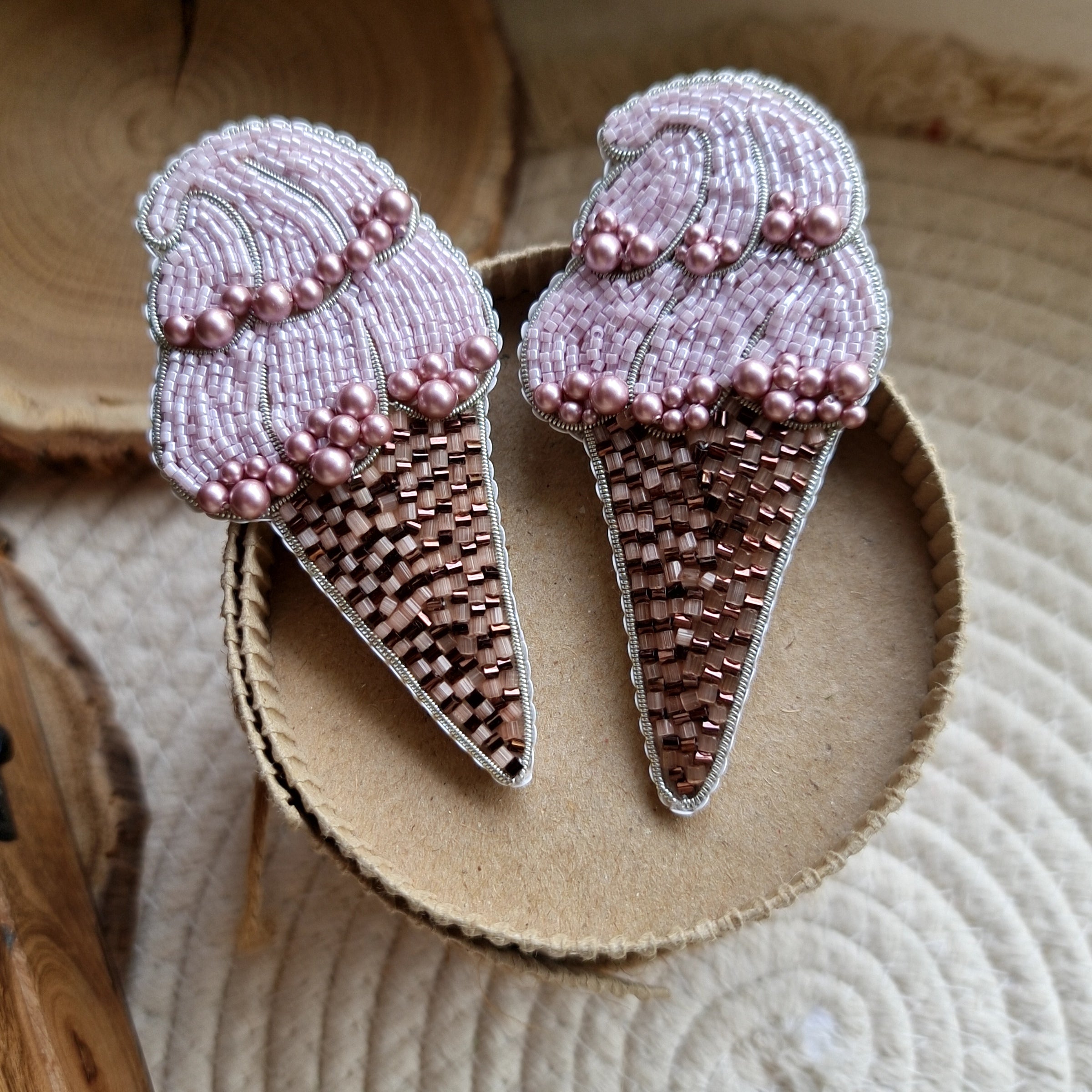 Pink ice cream cone beaded brooch hand embroidered with pink beads pearls and waffle cone details