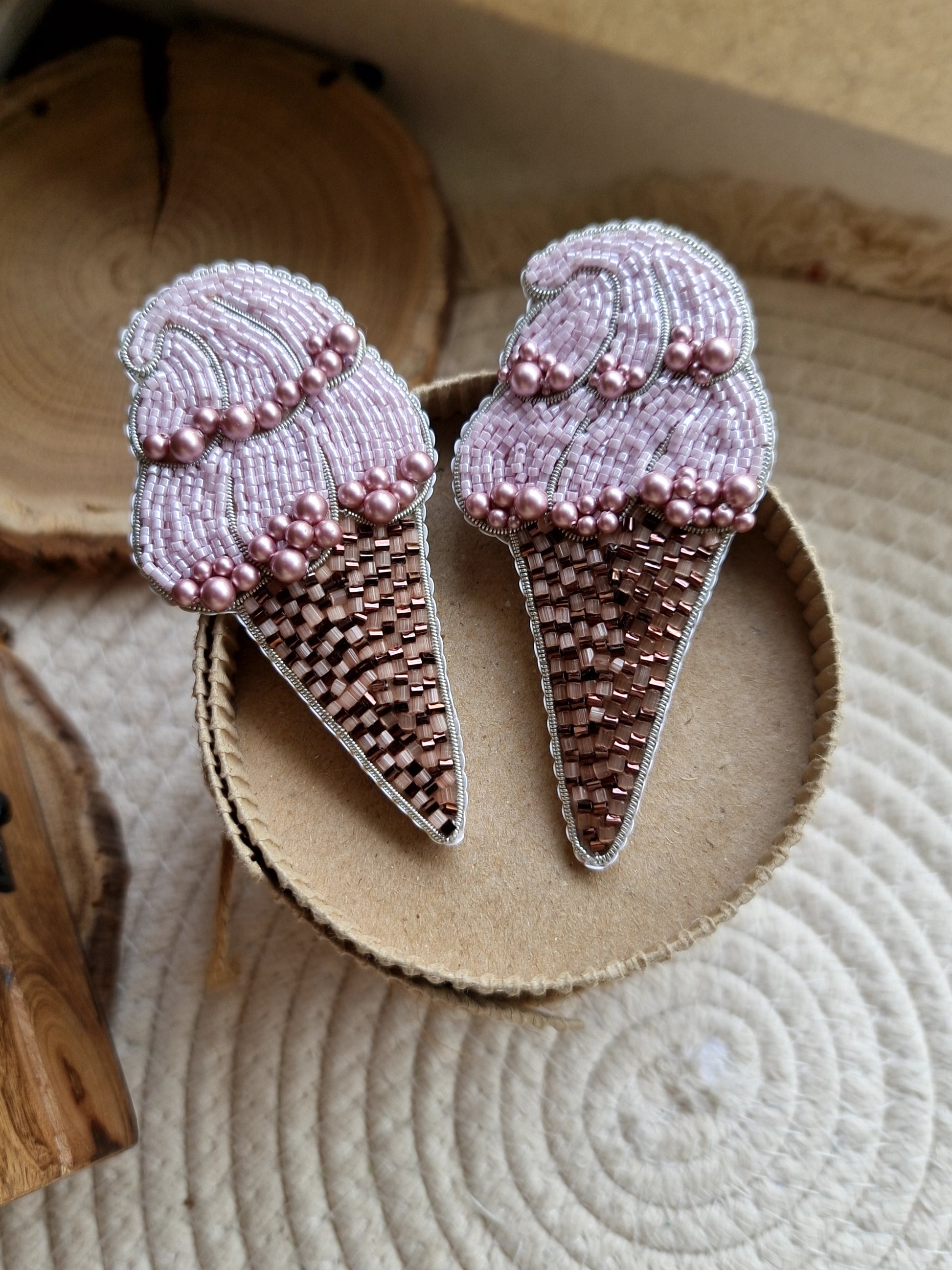 Pink ice cream cone beaded brooch hand embroidered with pink beads pearls and waffle cone details