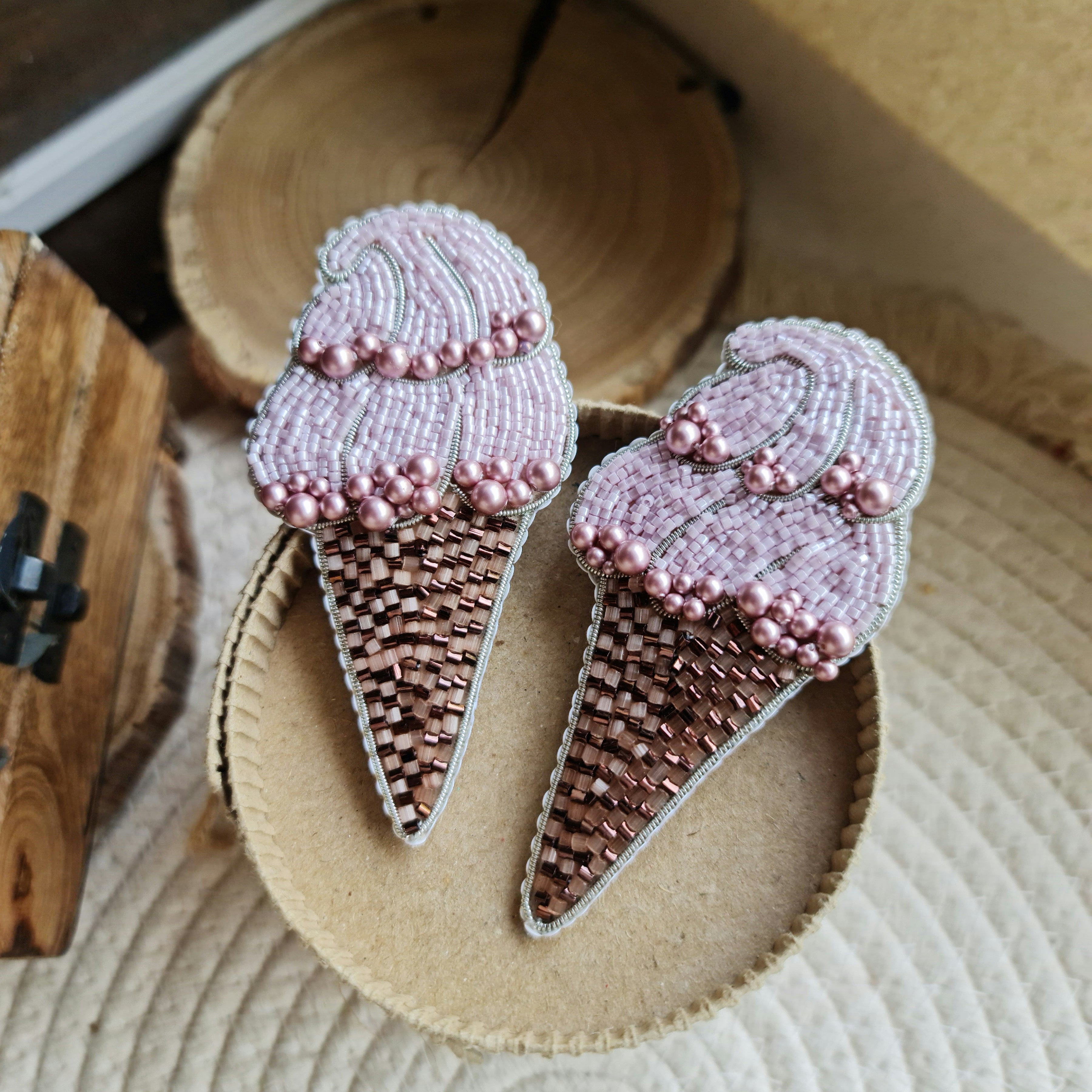 Pink ice cream cone beaded brooch hand embroidered with pink beads pearls and waffle cone details