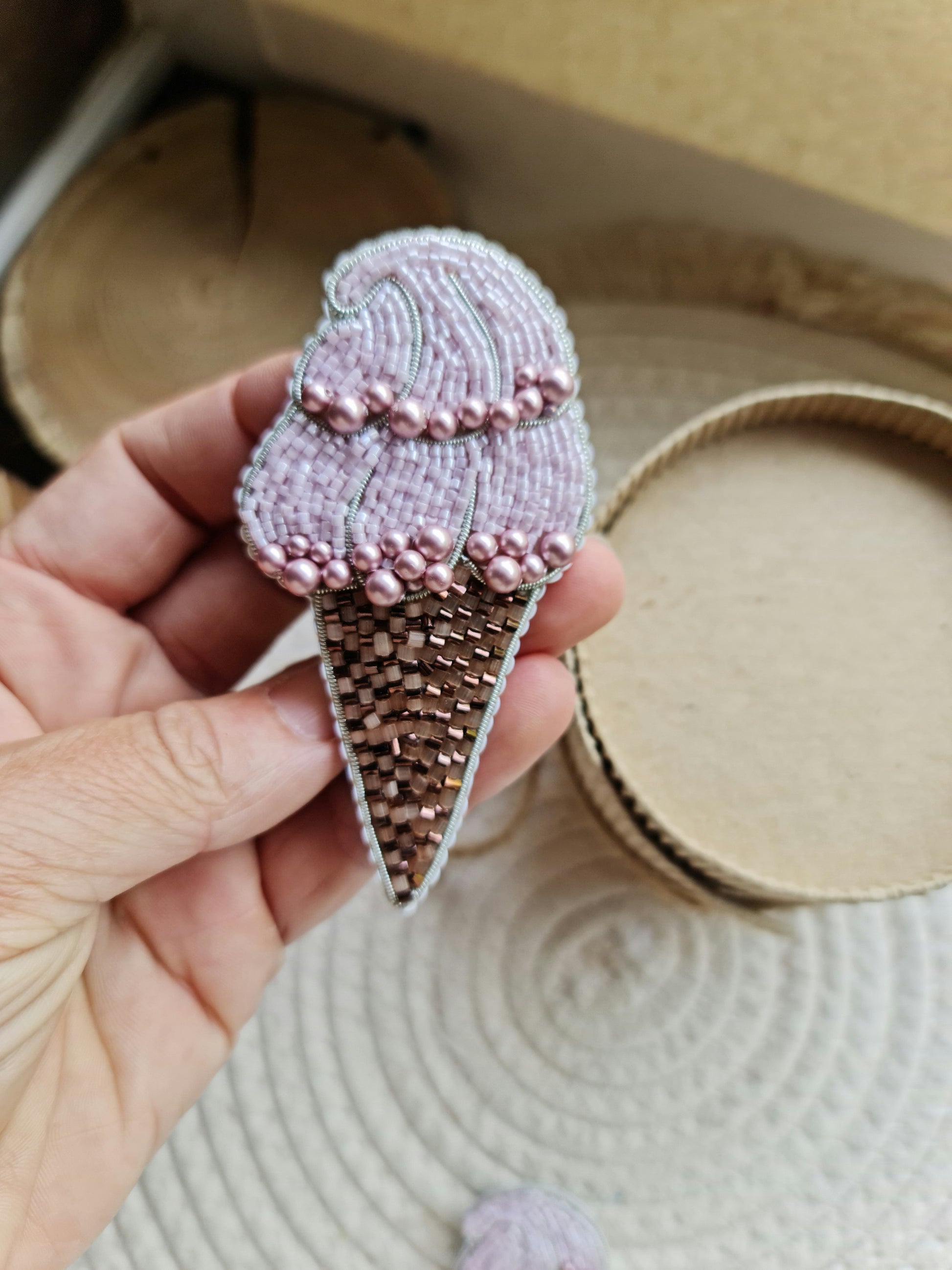 Pink Ice Cream Cone Beaded Brooch