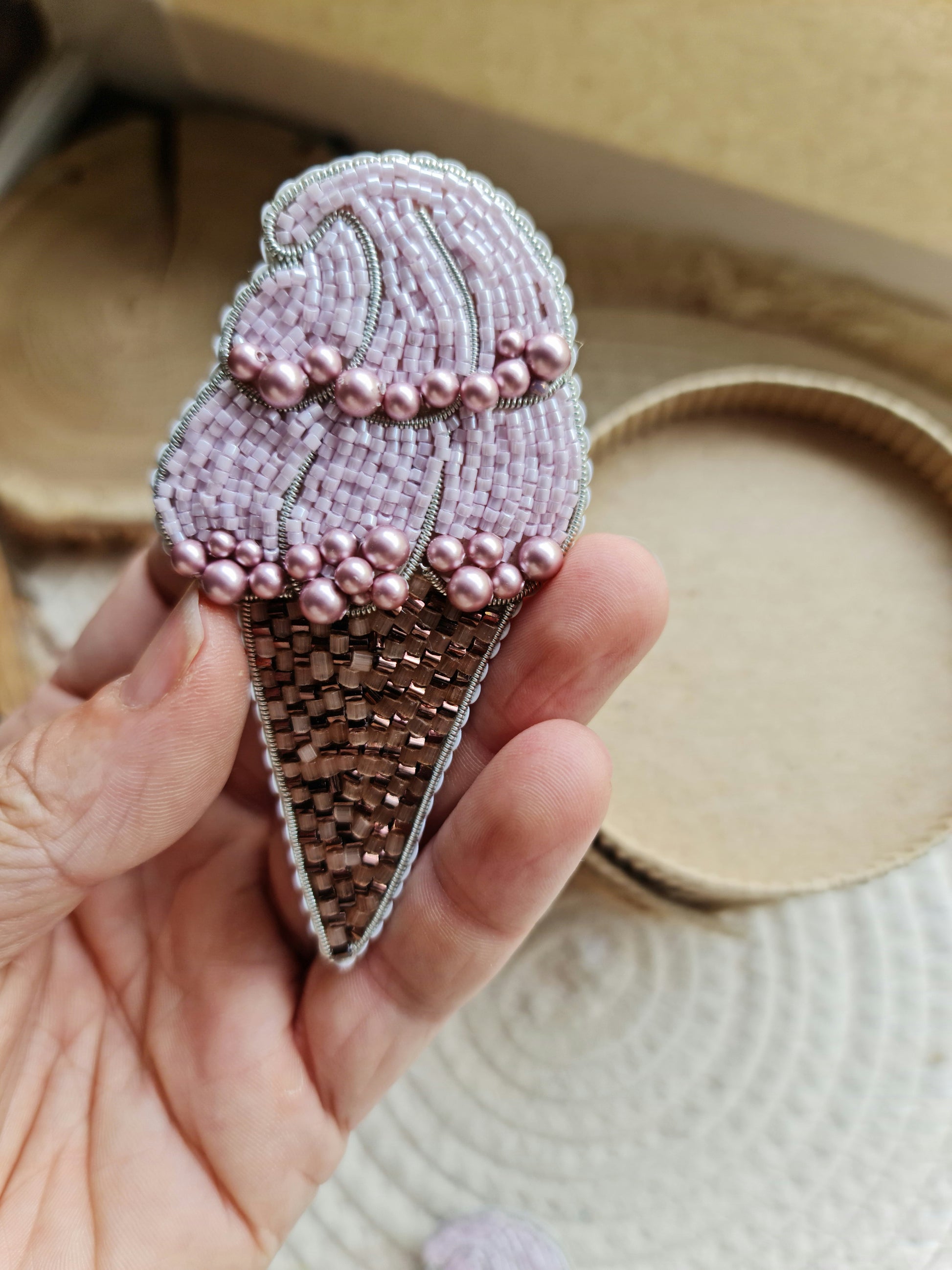 Pink Ice Cream Cone Beaded Brooch