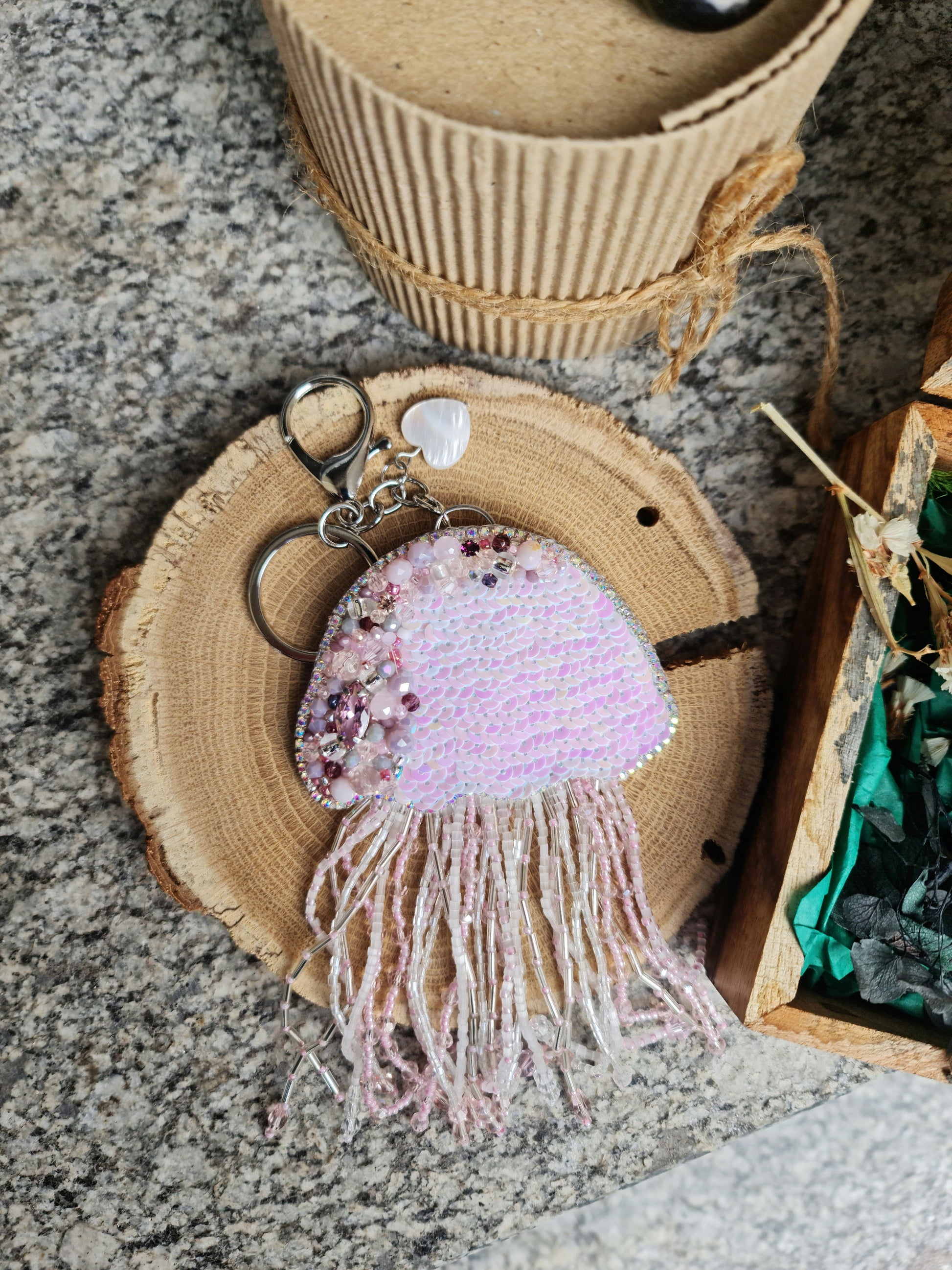 Pink Jellyfish Beaded Brooch or Keychain
