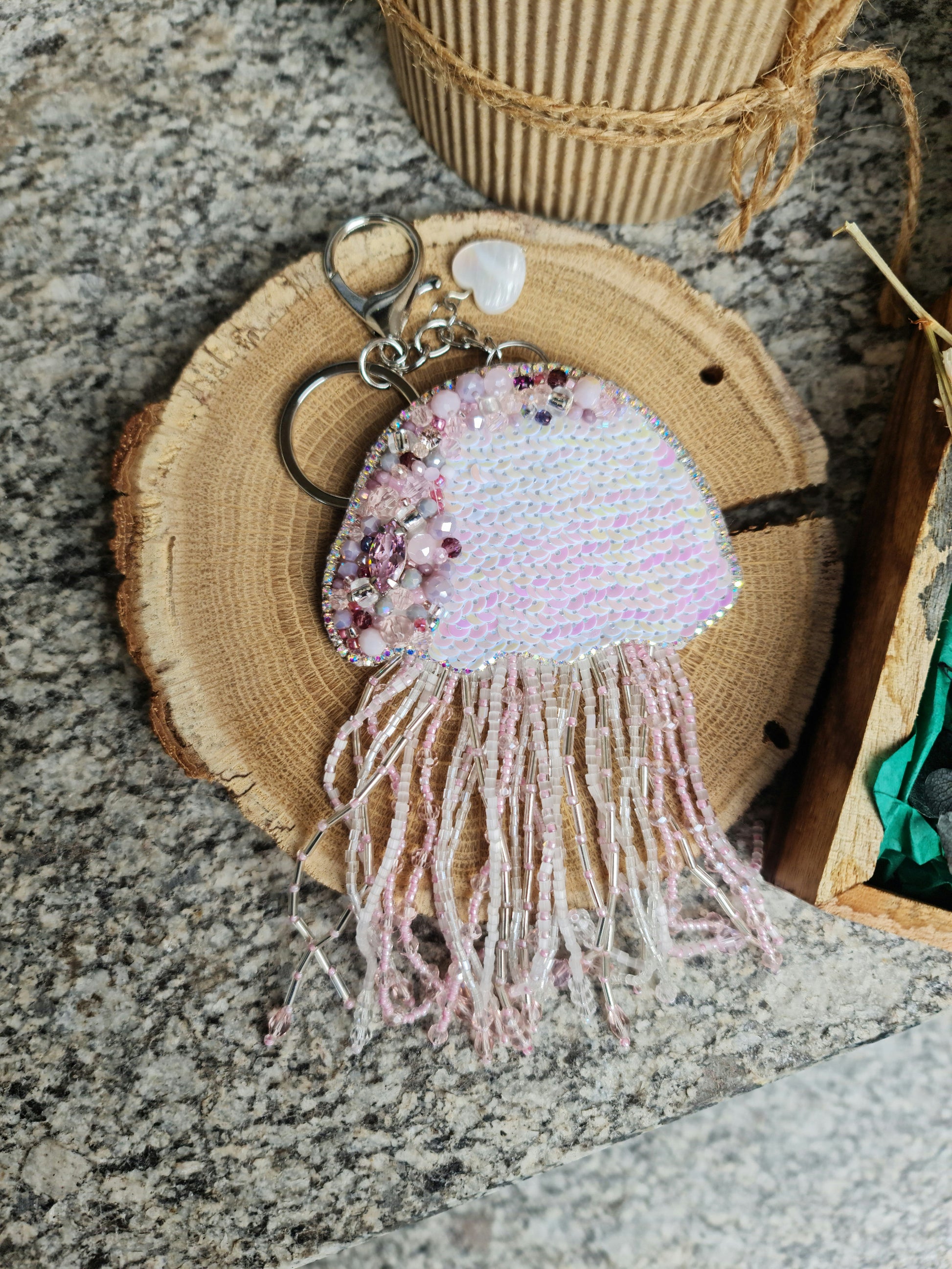 Pink Jellyfish Beaded Brooch or Keychain