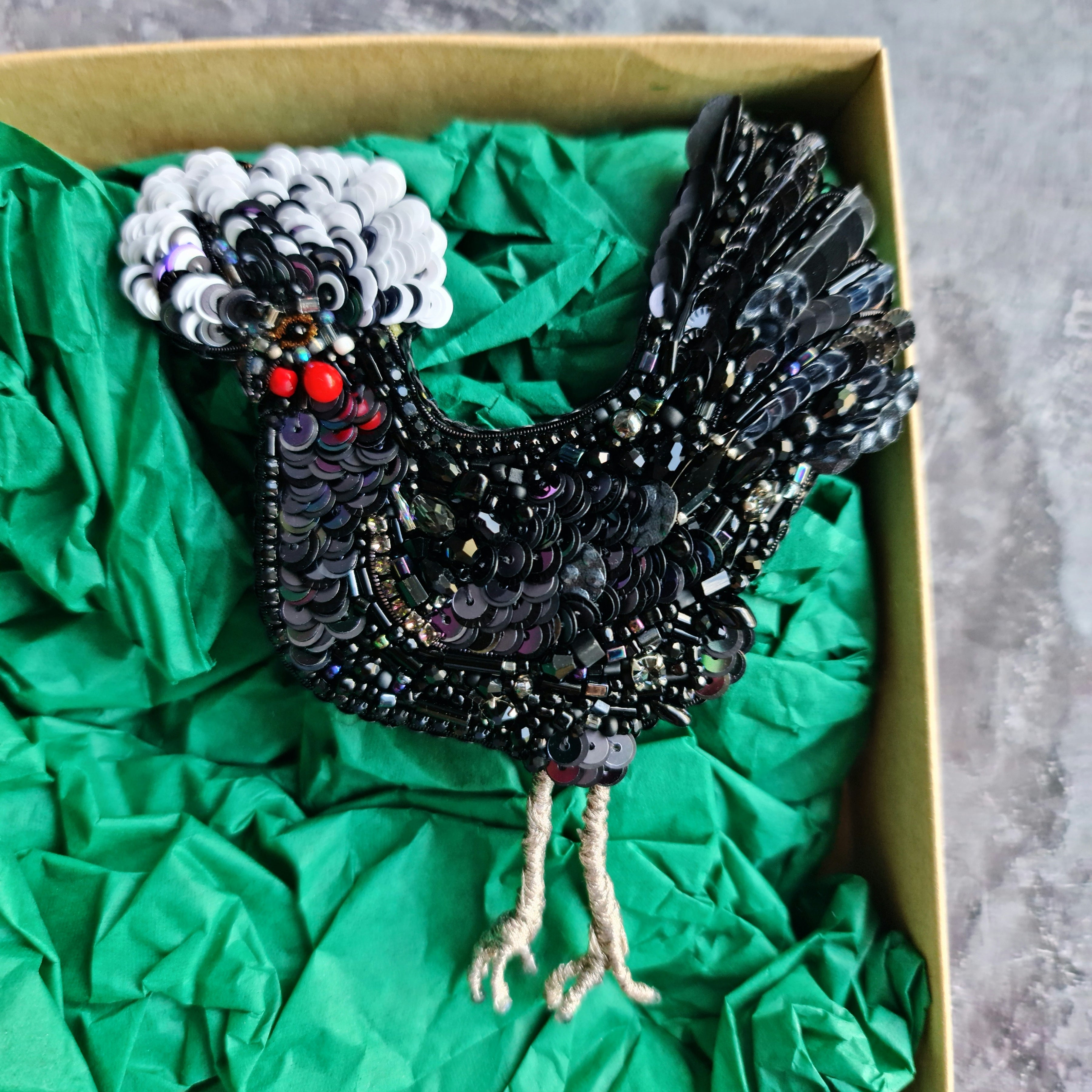 Black chicken beaded brooch hand embroidered with sequins beads crystals and white feather details