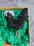 Black chicken beaded brooch hand embroidered with sequins beads crystals and white feather details