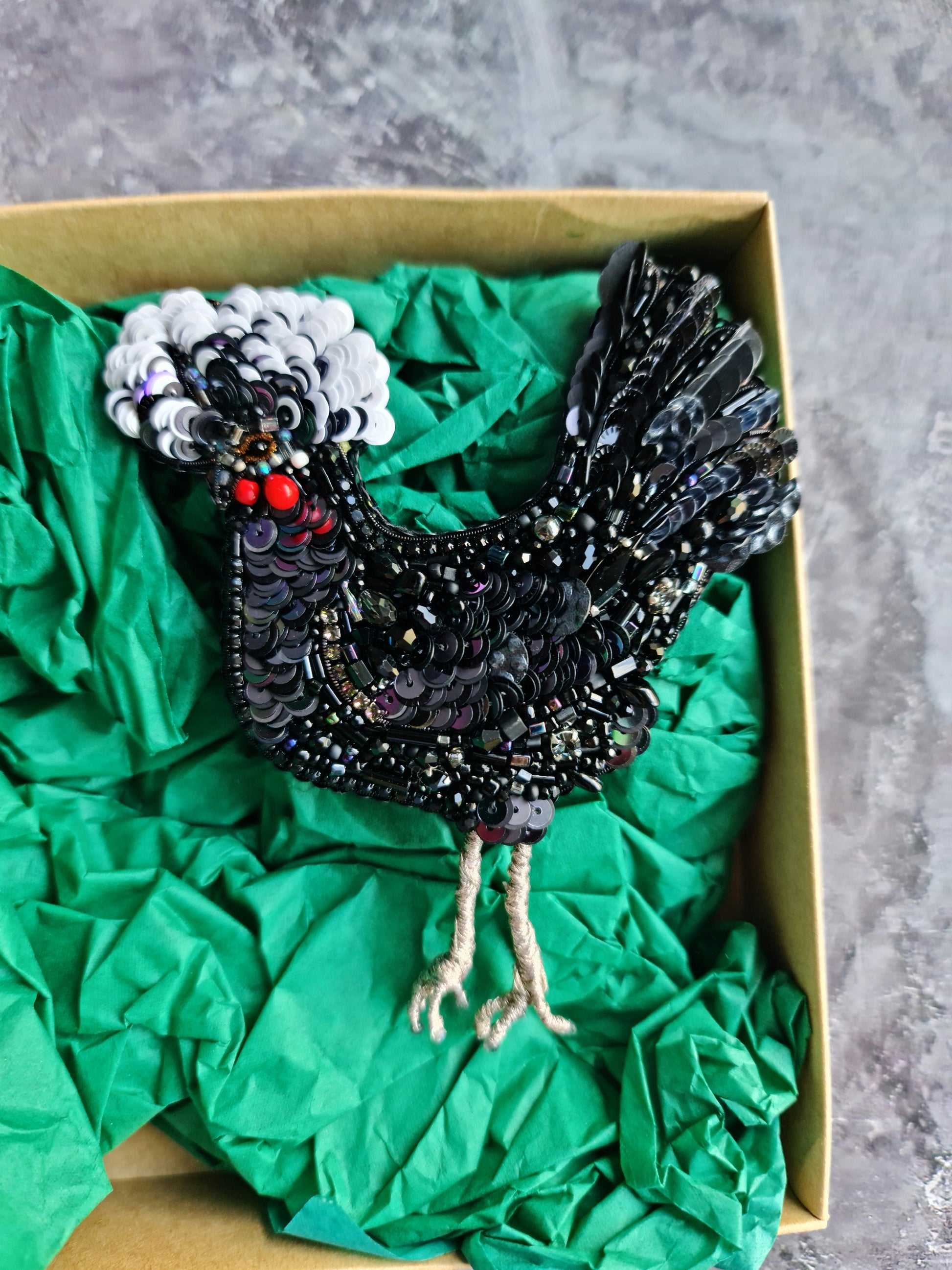 Black chicken beaded brooch hand embroidered with sequins beads crystals and white feather details