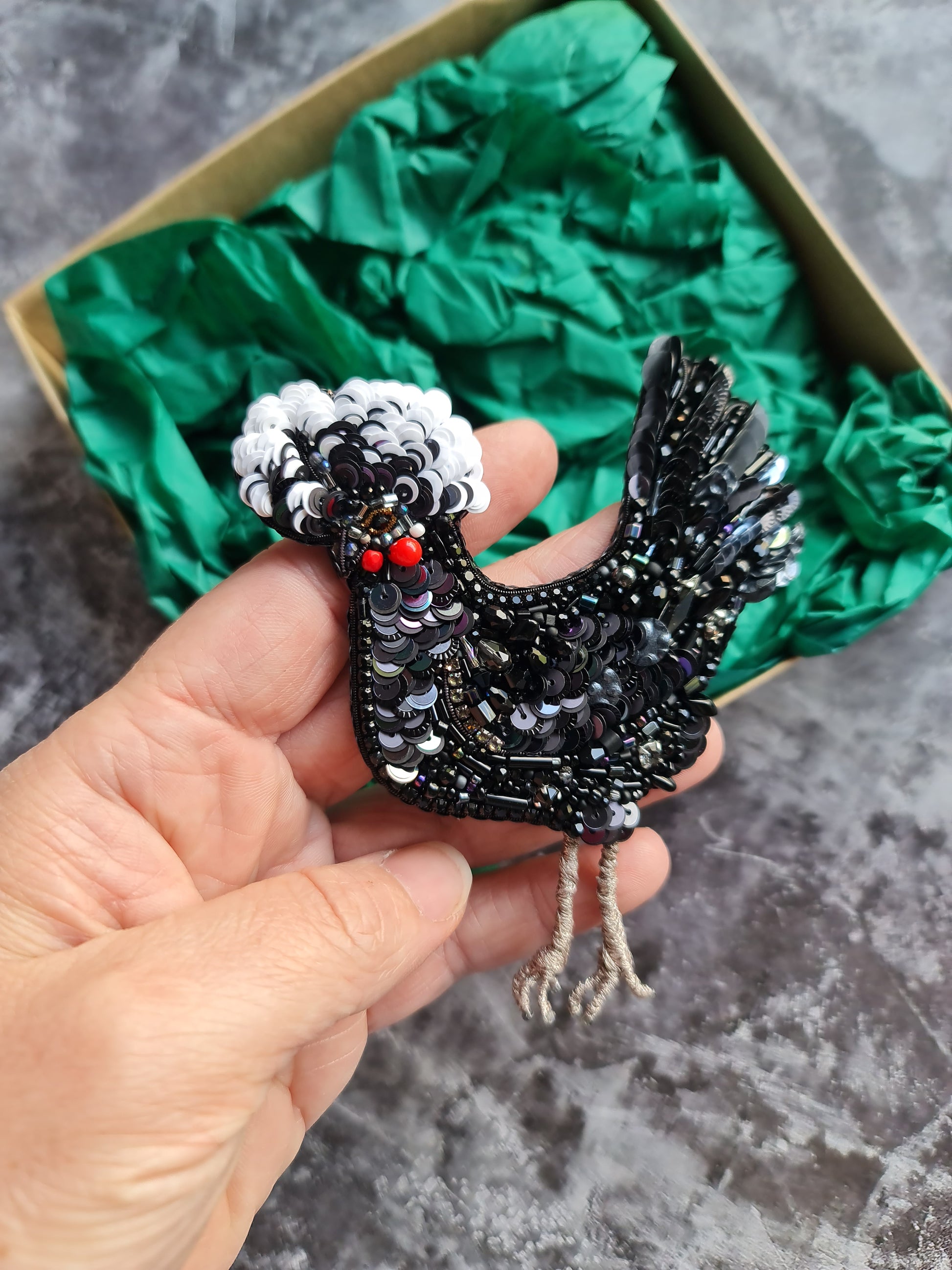 Black Chicken Beaded Brooch