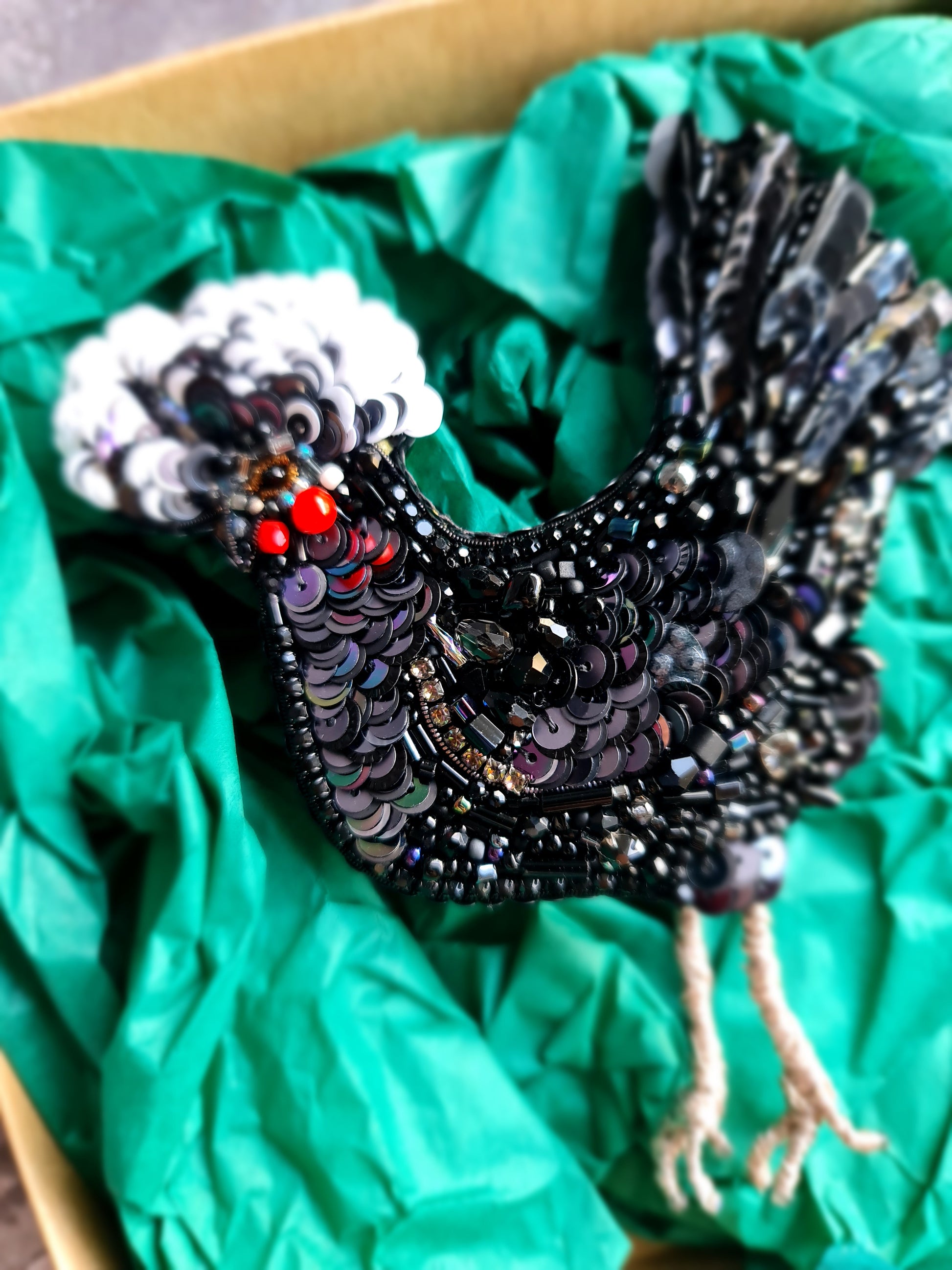 Black Chicken Beaded Brooch