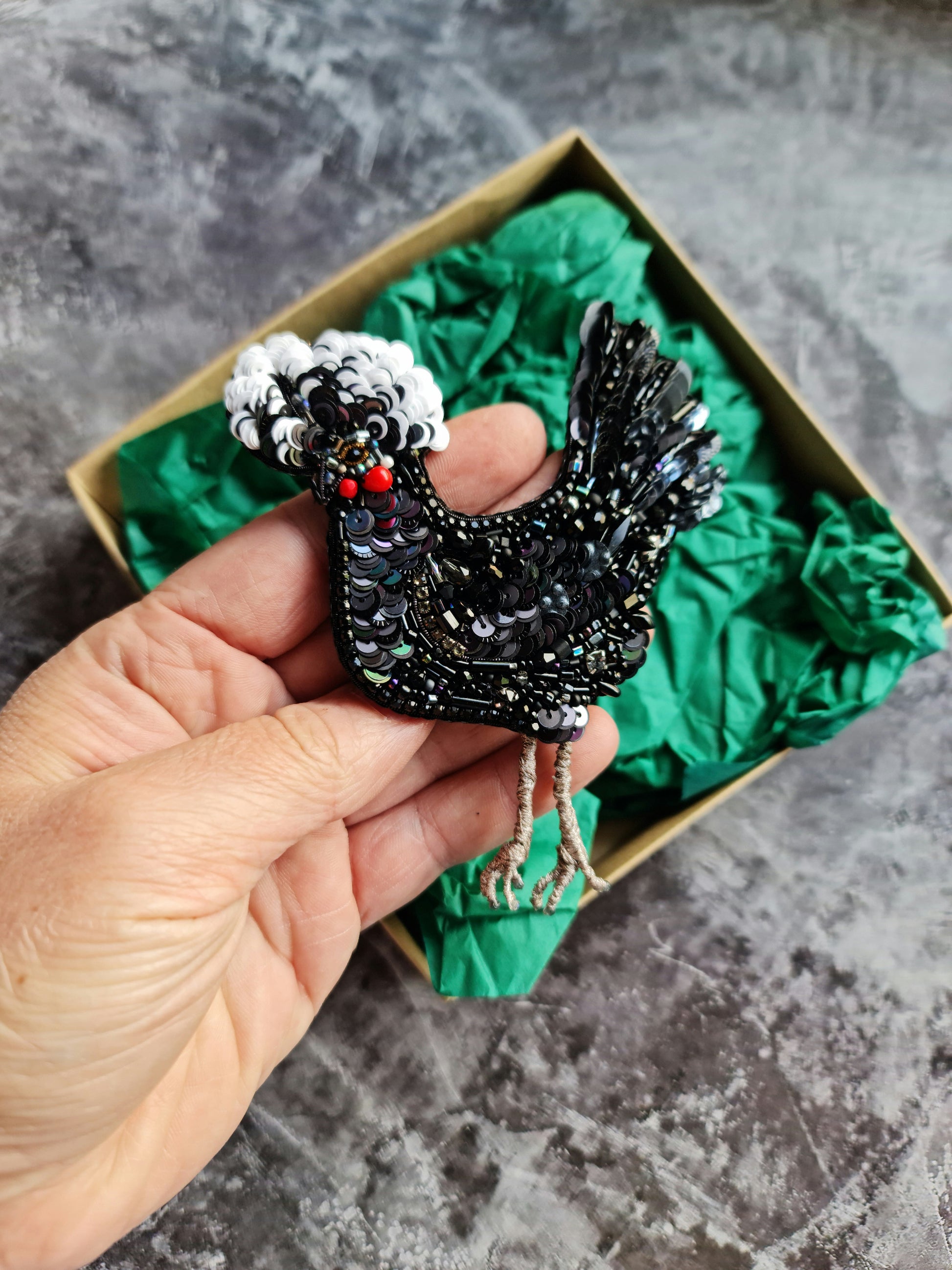 Black Chicken Beaded Brooch