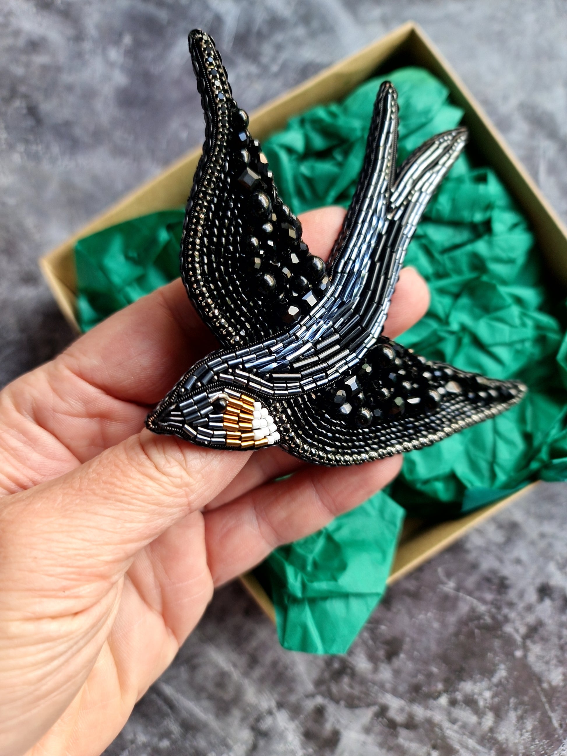 Black Swallow Beaded Brooch