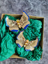 Gold butterfly beaded brooch hand embroidered with cream sequins blue accents crystals and pearl details