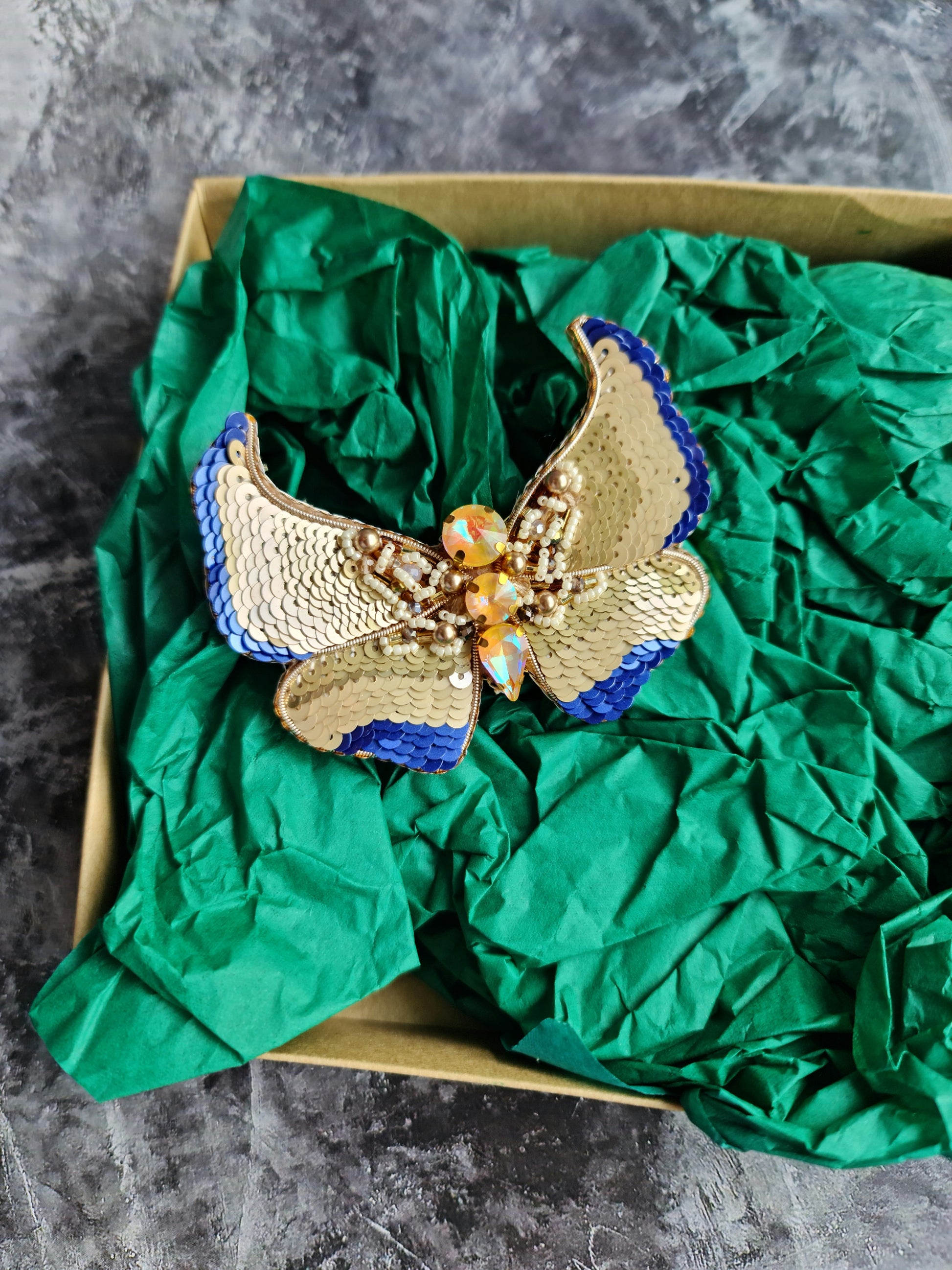 Gold Butterfly Beaded Brooch
