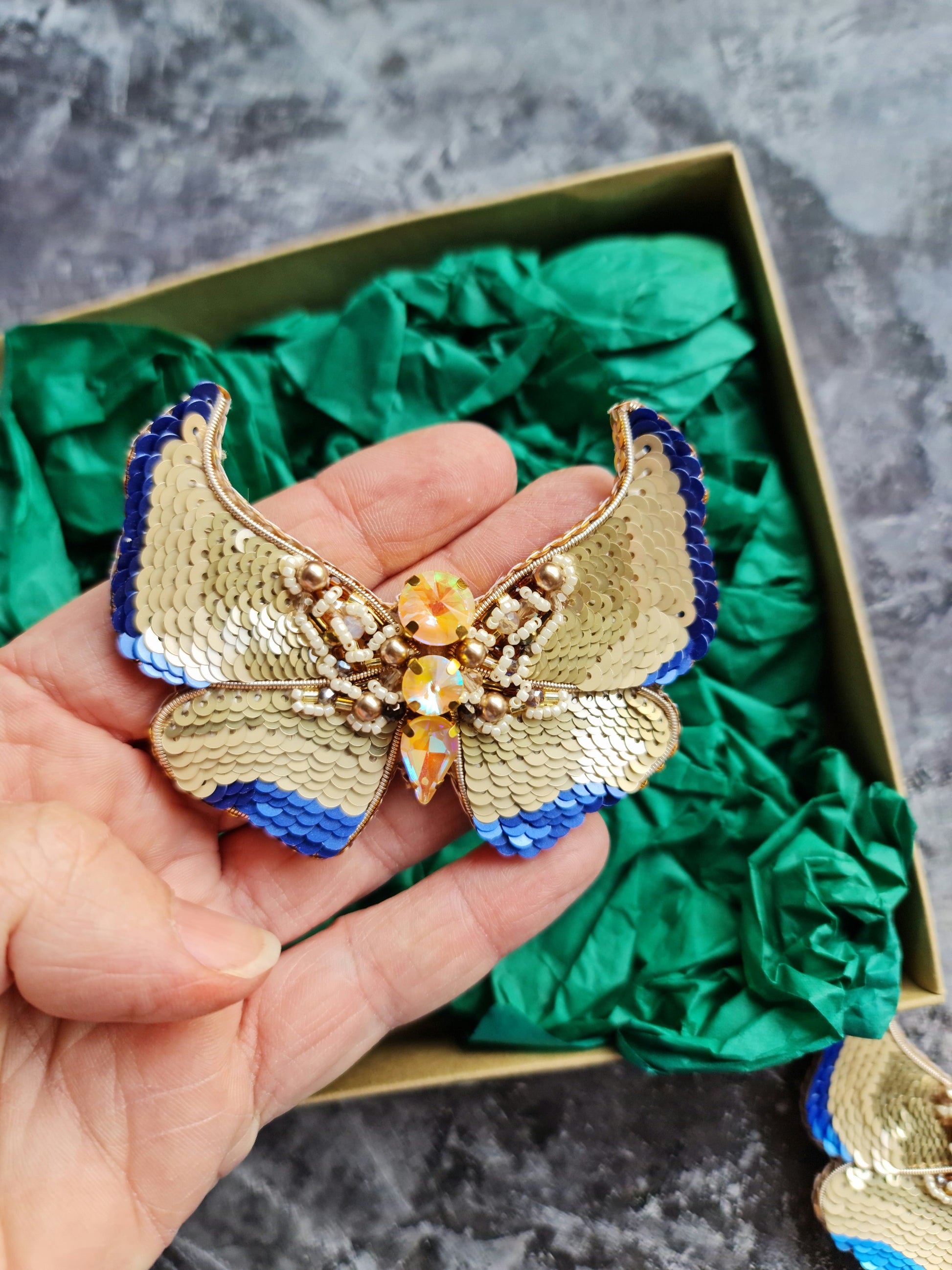 Gold Butterfly Beaded Brooch