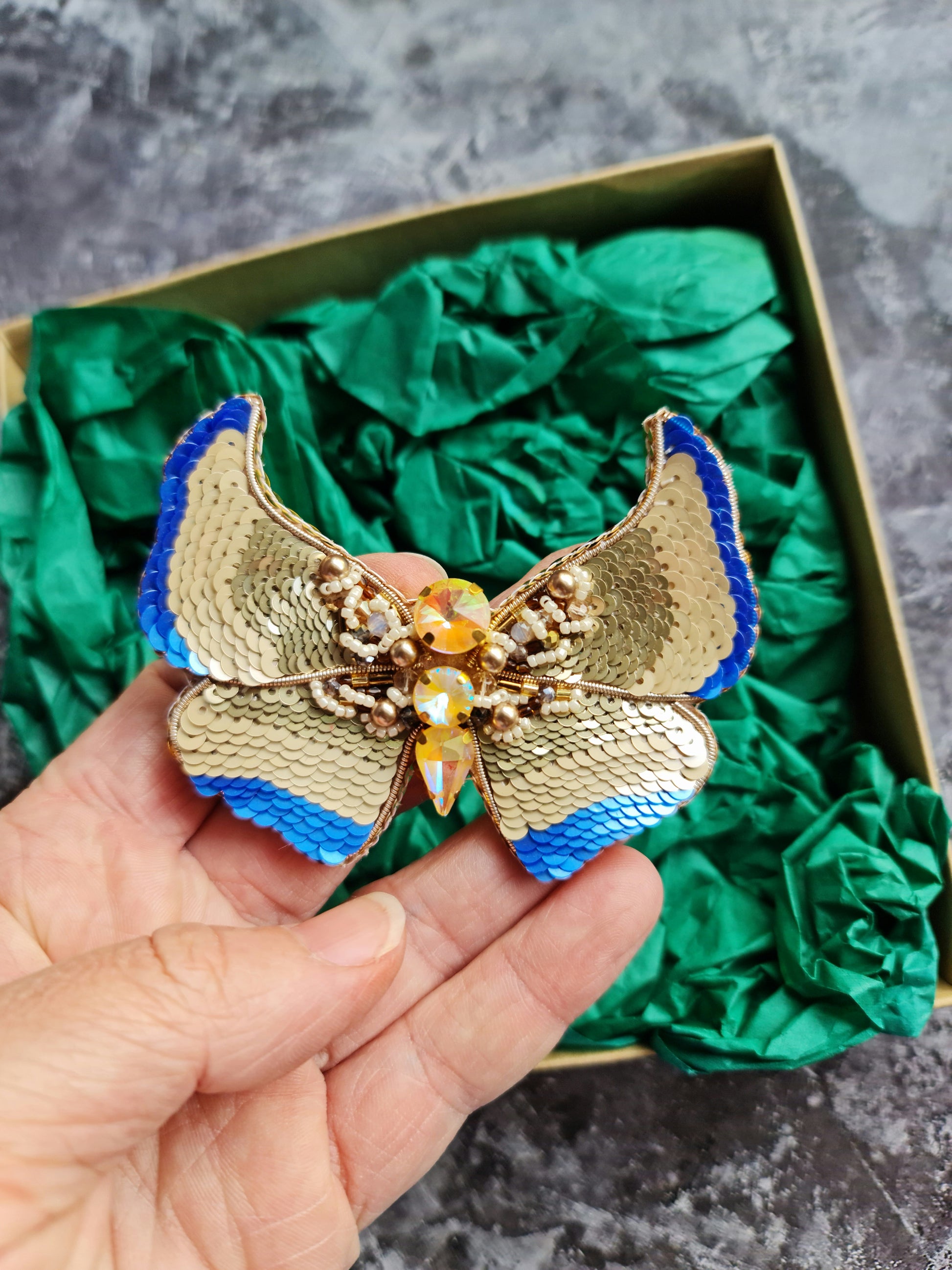 Gold Butterfly Beaded Brooch