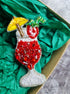 Tropical red cocktail beaded brooch hand embroidered with yellow umbrella fruit garnish and crystal details