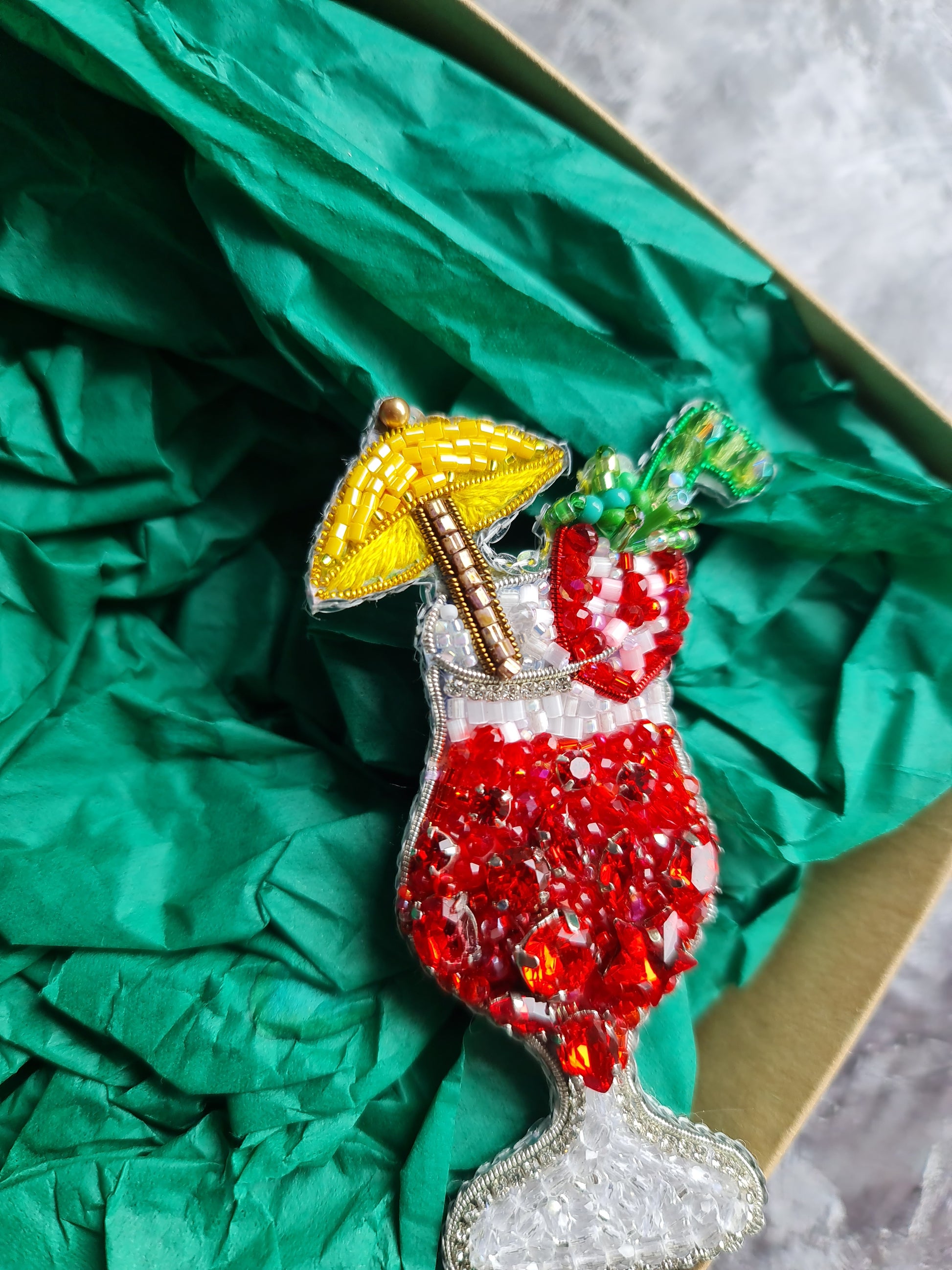 Strawberry Cocktail Beaded Brooch