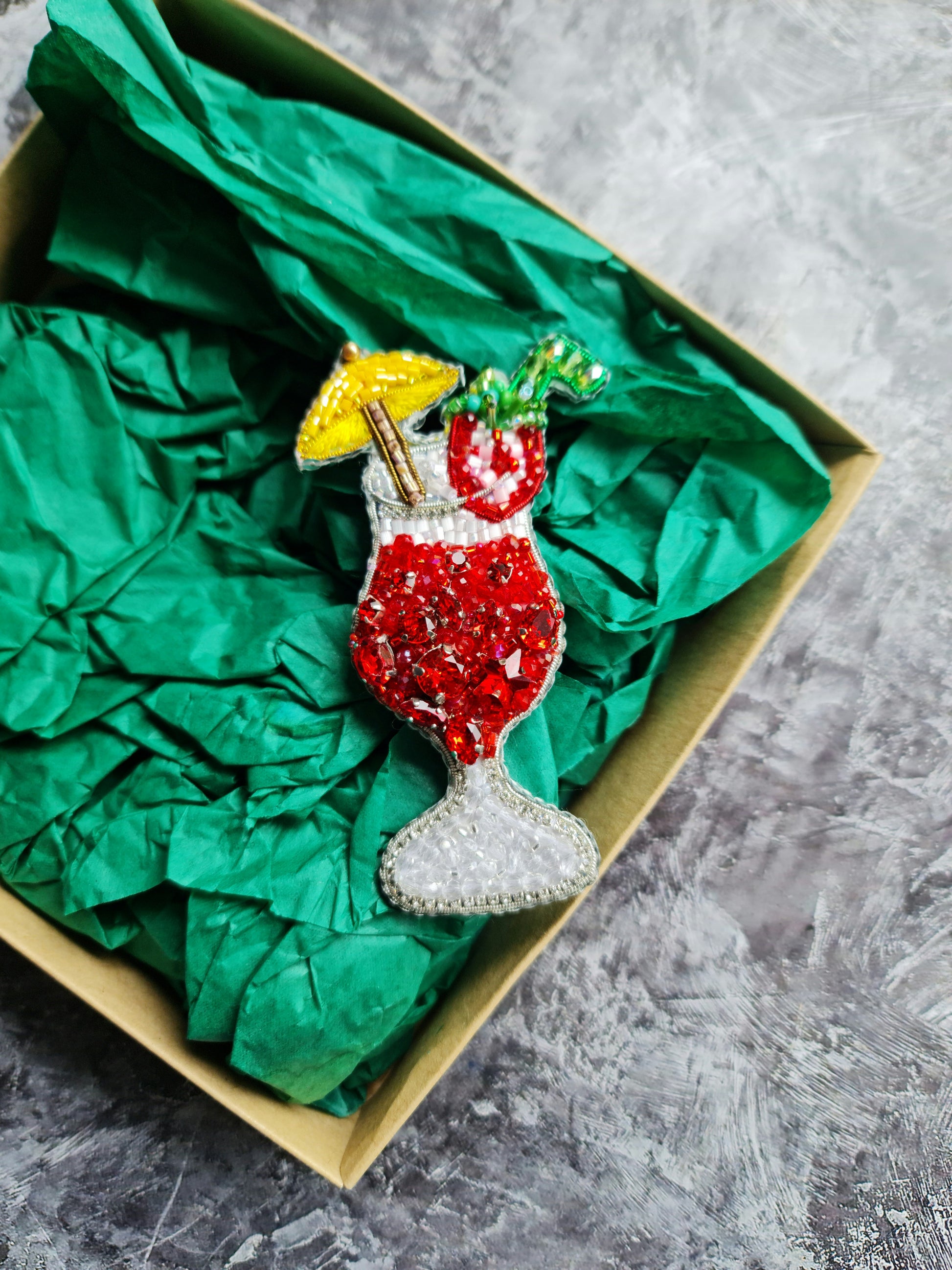 Strawberry Cocktail Beaded Brooch
