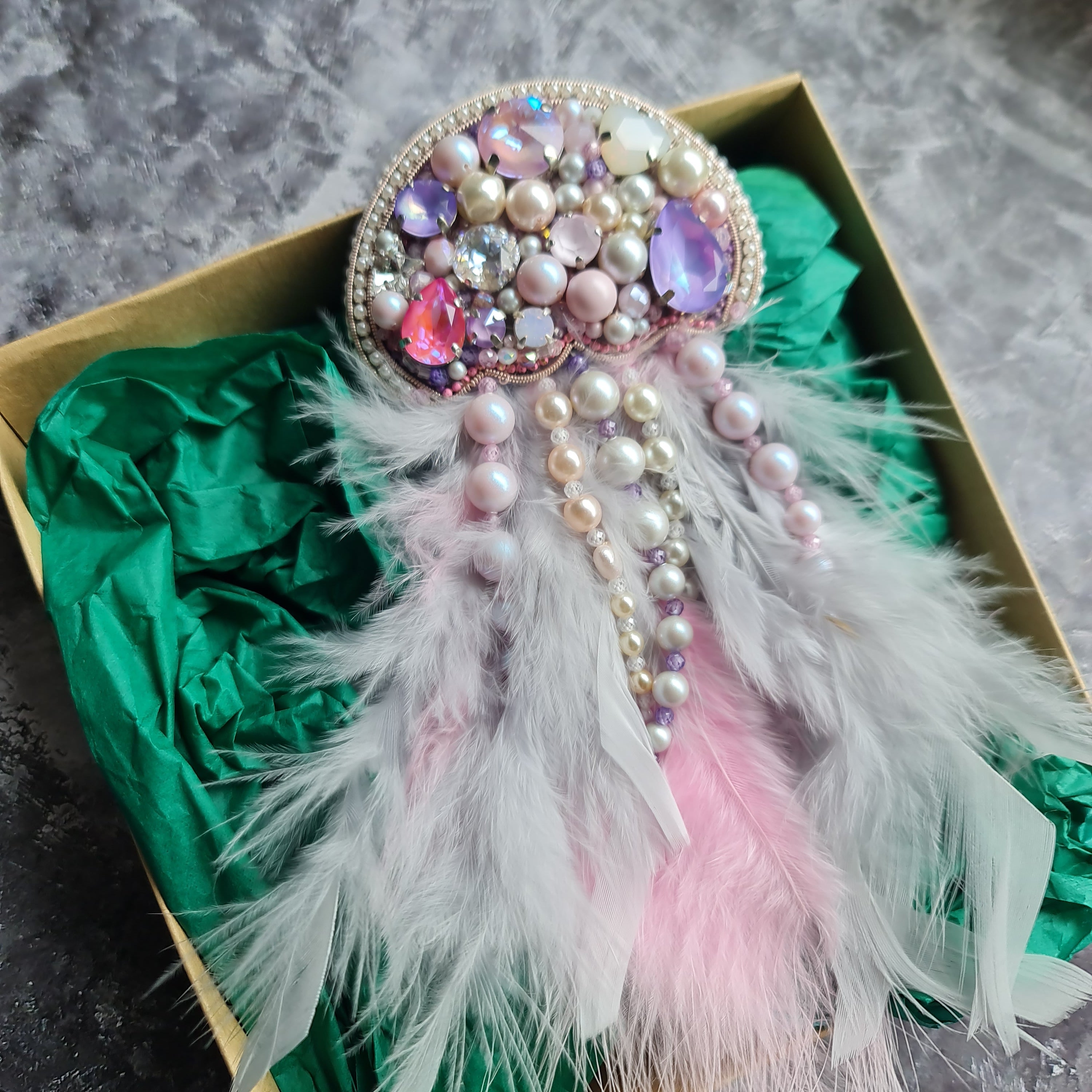 Pink feather jellyfish beaded brooch hand embroidered with pearls crystals feathers and beaded fringe