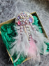 Pink feather jellyfish beaded brooch hand embroidered with pearls crystals feathers and beaded fringe