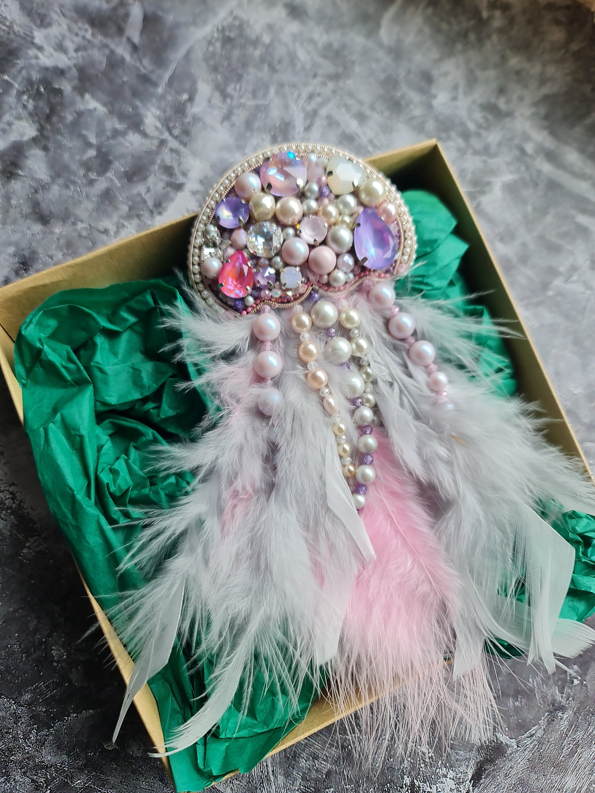 Pink feather jellyfish beaded brooch hand embroidered with pearls crystals feathers and beaded fringe