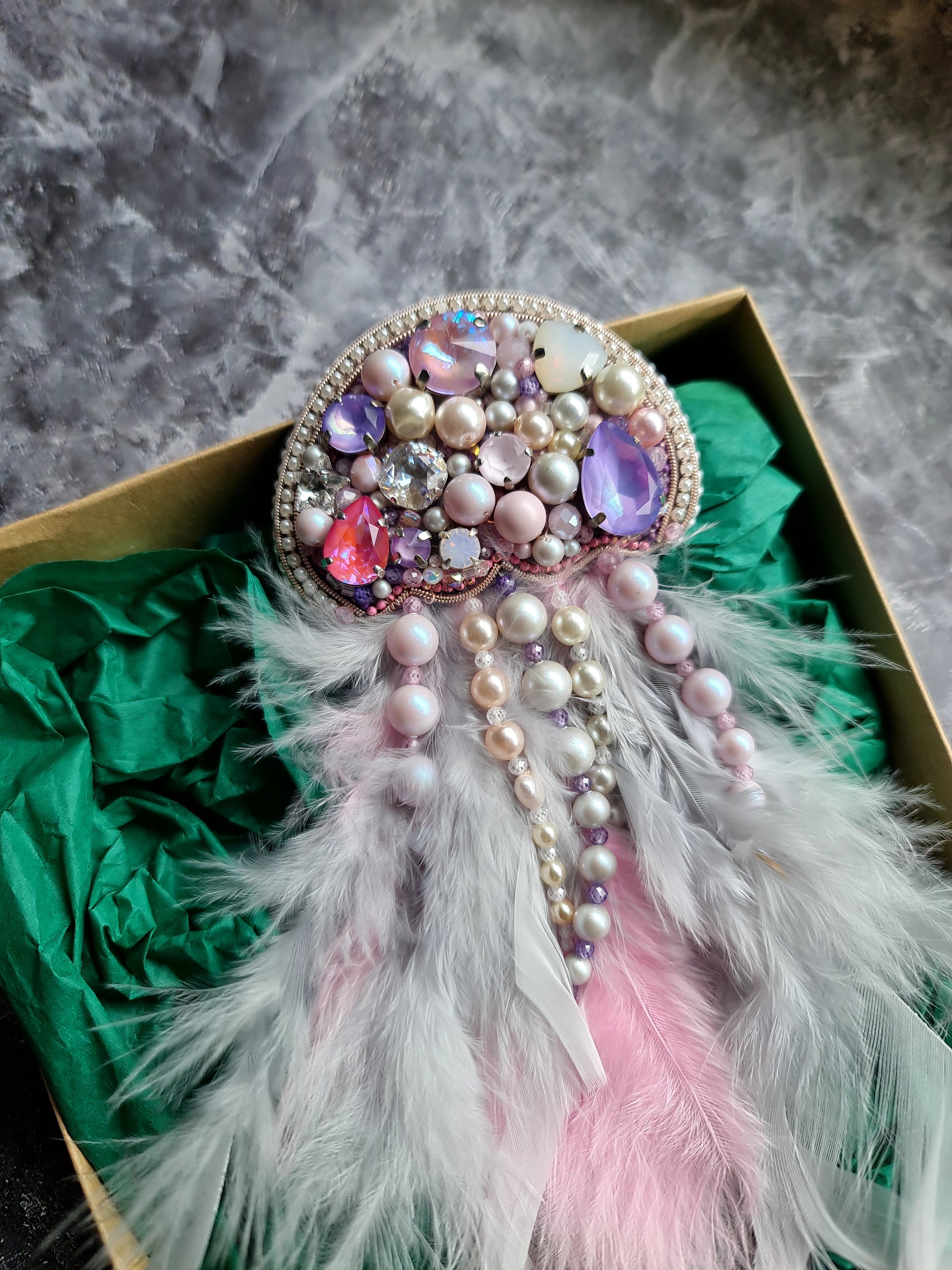 Pink Feather Jellyfish Beaded Brooch
