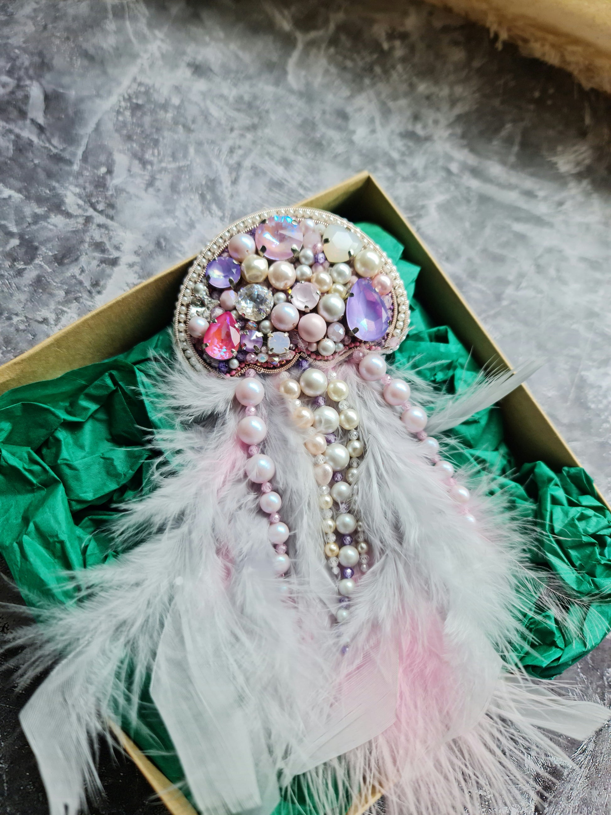 Pink Feather Jellyfish Beaded Brooch