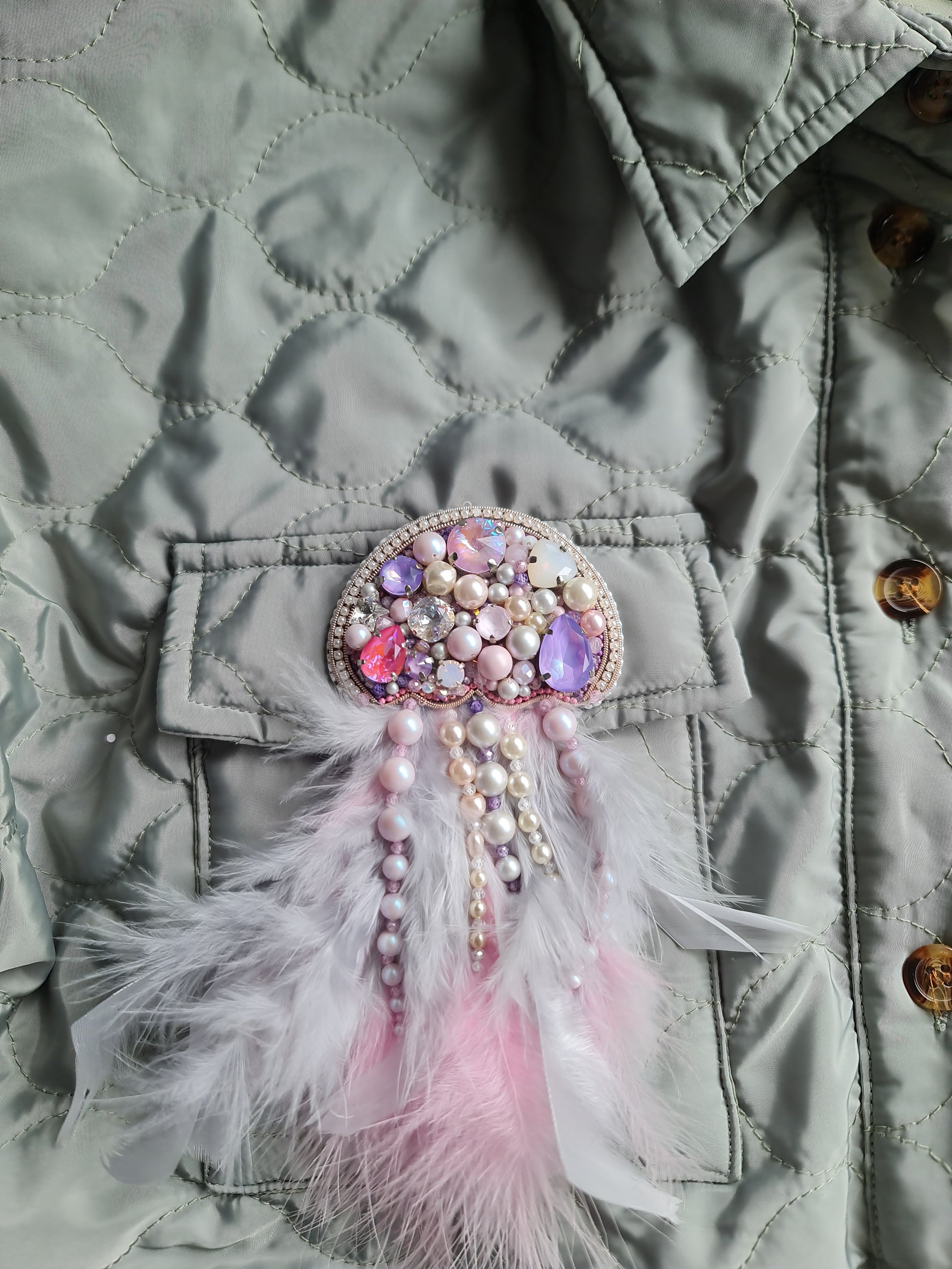 Pink Feather Jellyfish Beaded Brooch