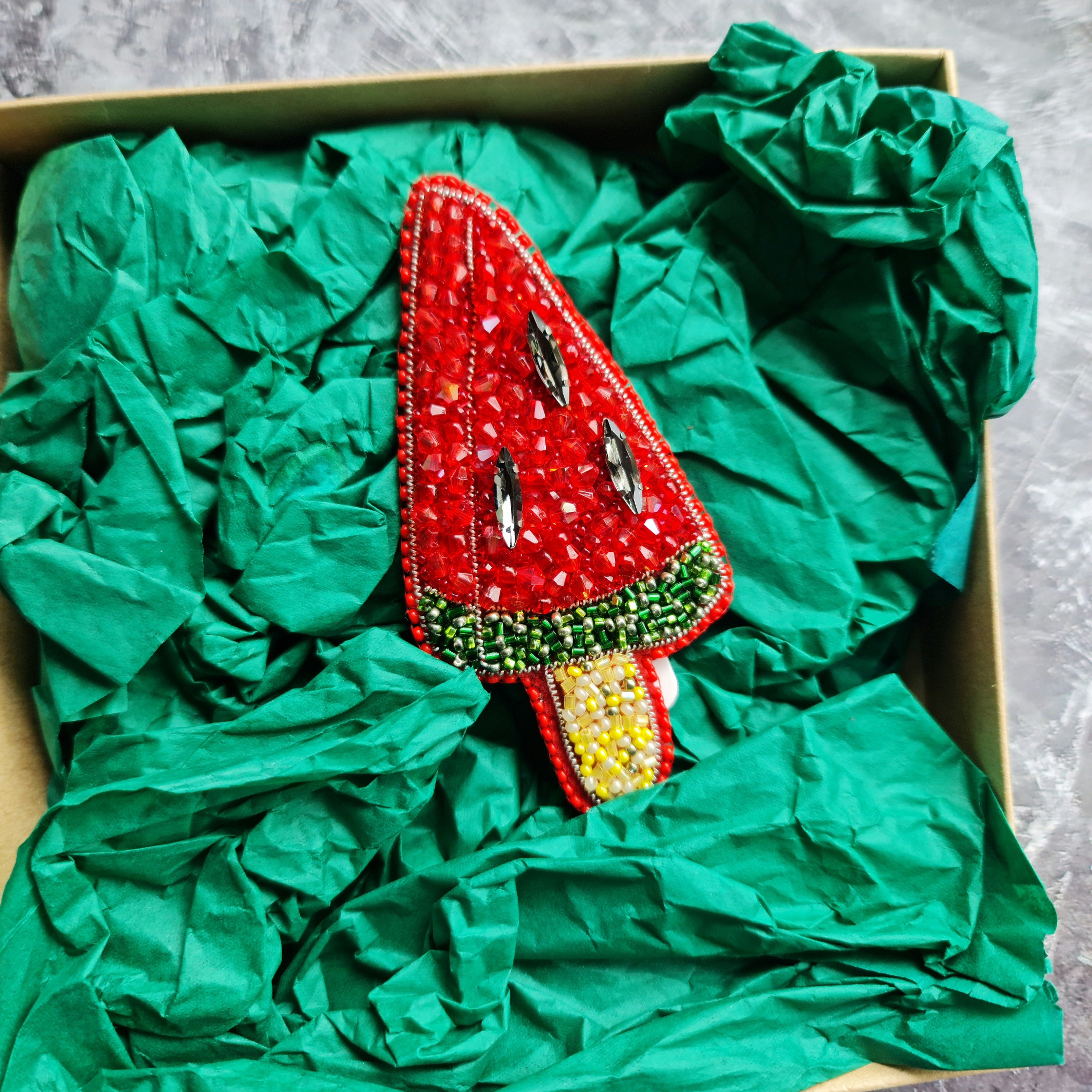Watermelon popsicle beaded brooch hand embroidered with red green yellow beads and crystal seed details