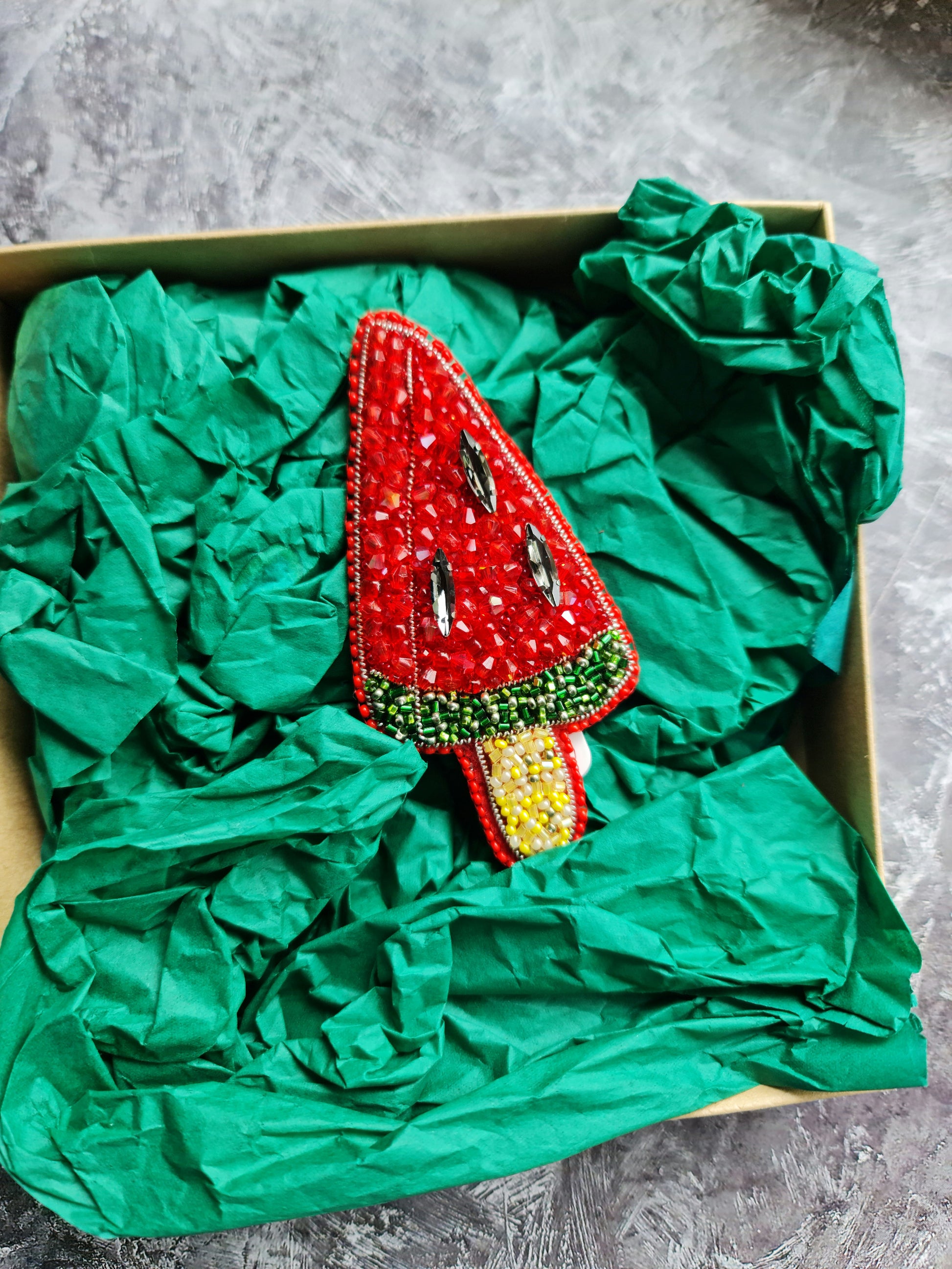 Watermelon popsicle beaded brooch hand embroidered with red green yellow beads and crystal seed details