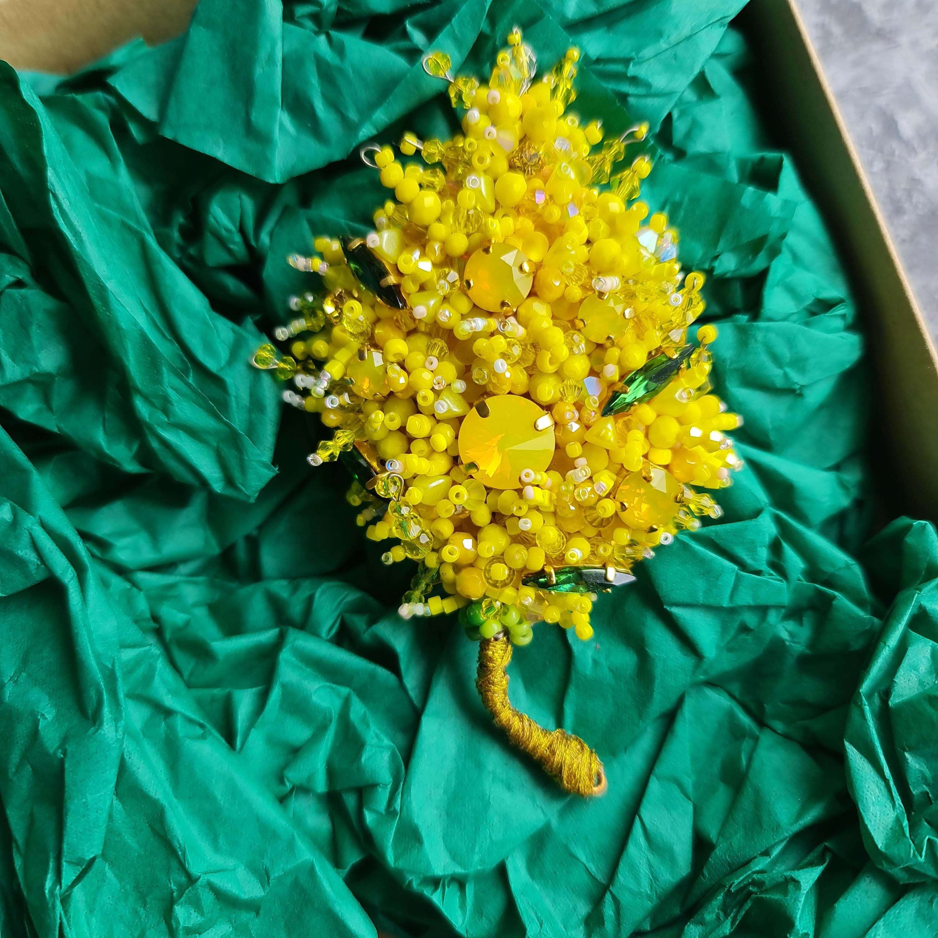 Mimosa beaded brooch hand embroidered with yellow beads crystals and green leaf details