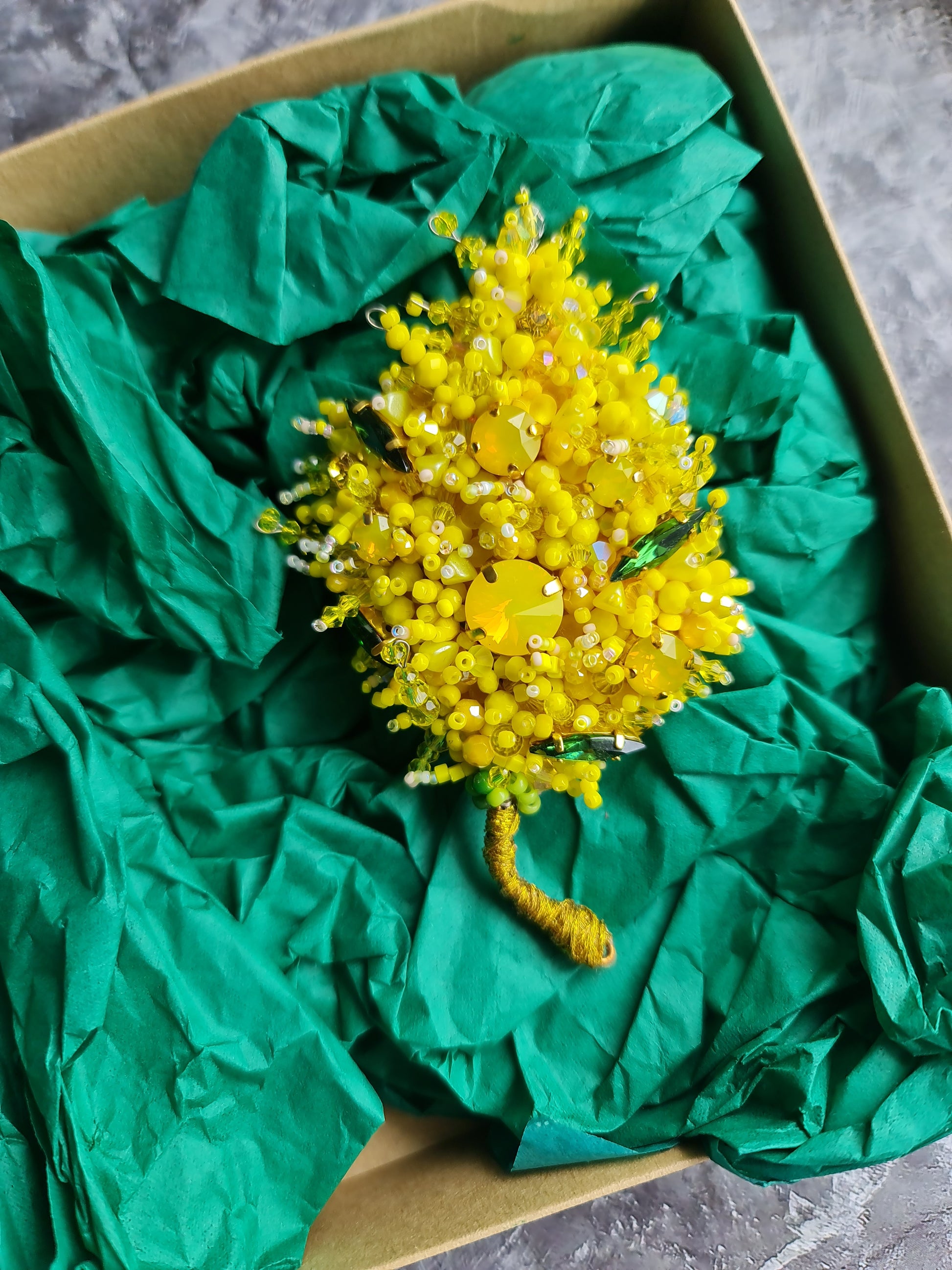 Mimosa beaded brooch hand embroidered with yellow beads crystals and green leaf details