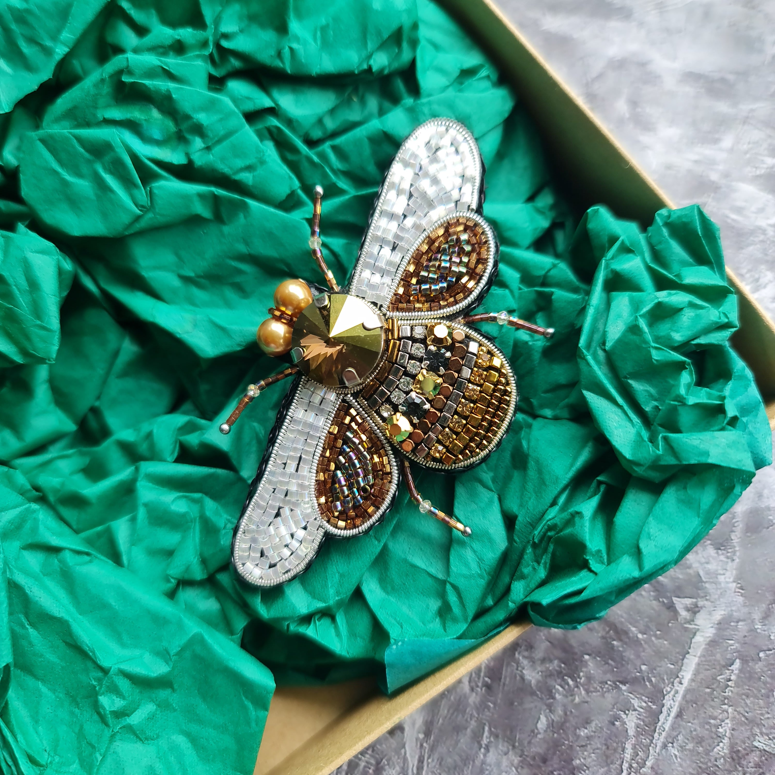 Bee Beaded Brooch, Hand Embroidered Insect Pin