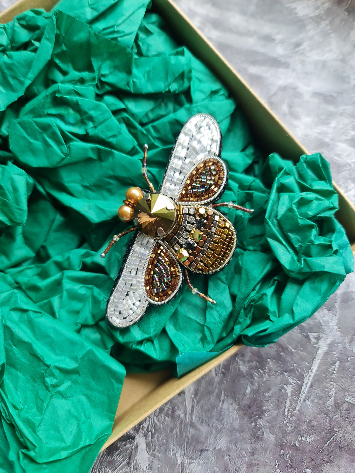 Bee Beaded Brooch, Hand Embroidered Insect Pin