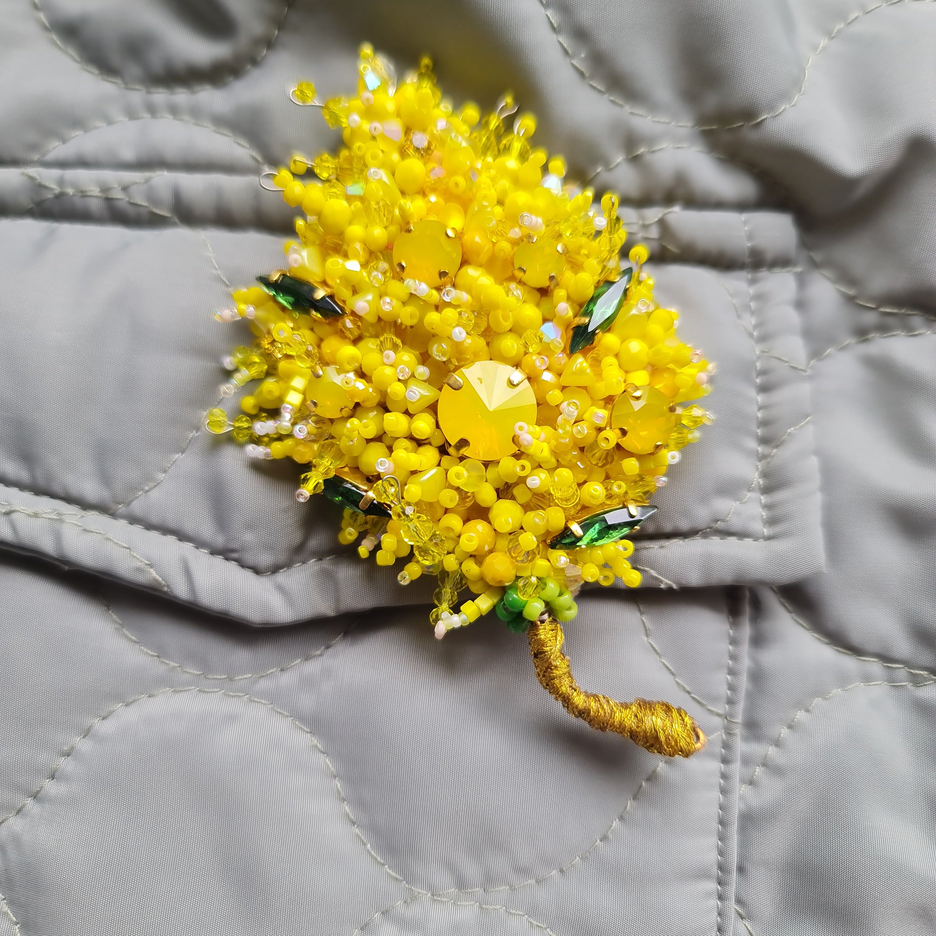 Mimosa beaded brooch hand embroidered with yellow beads crystals and green leaf details