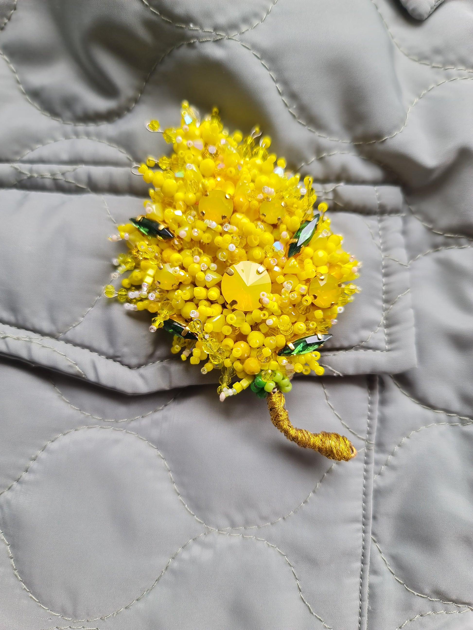 Mimosa beaded brooch hand embroidered with yellow beads crystals and green leaf details