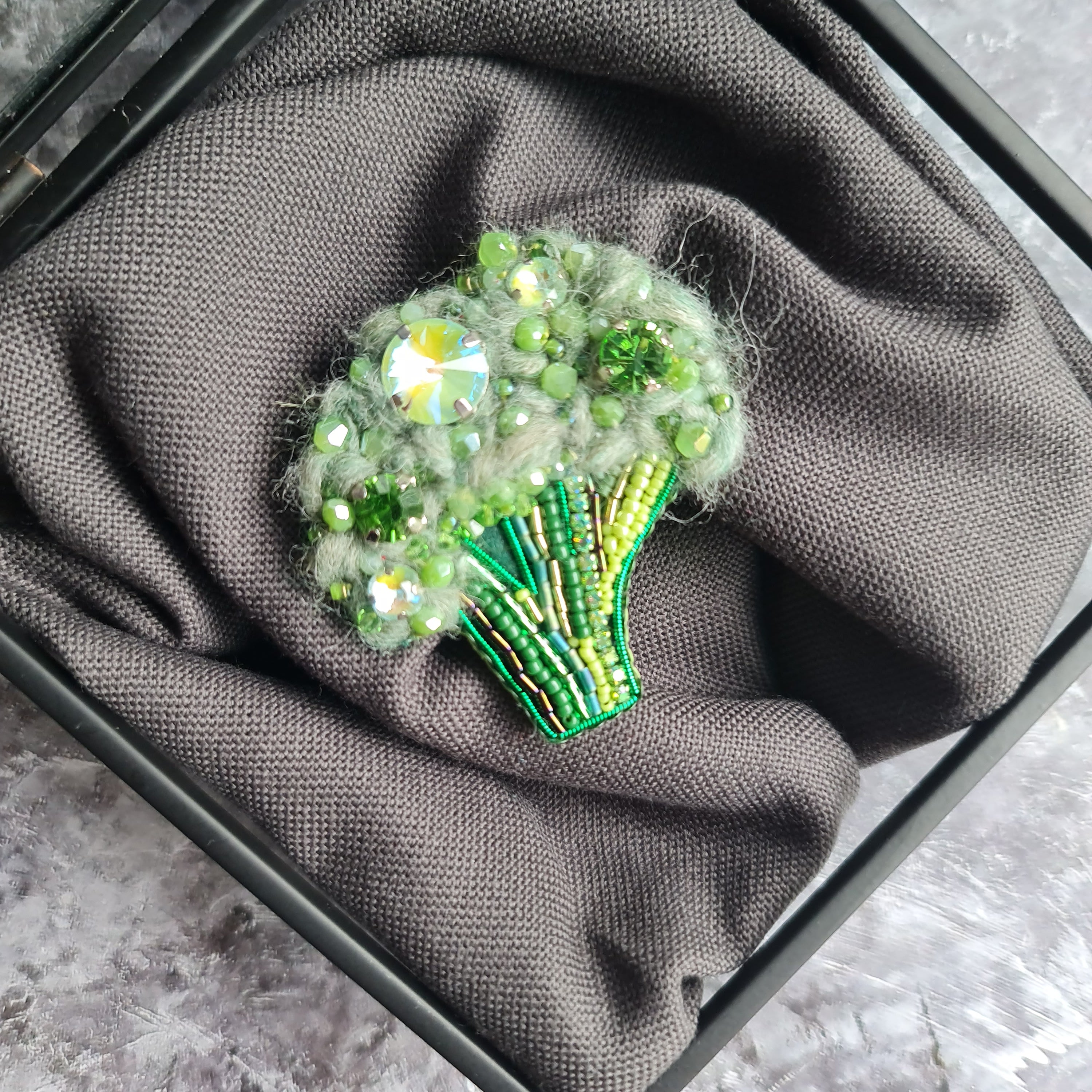 Small broccoli beaded brooch hand embroidered with green beads crystals and soft textured details