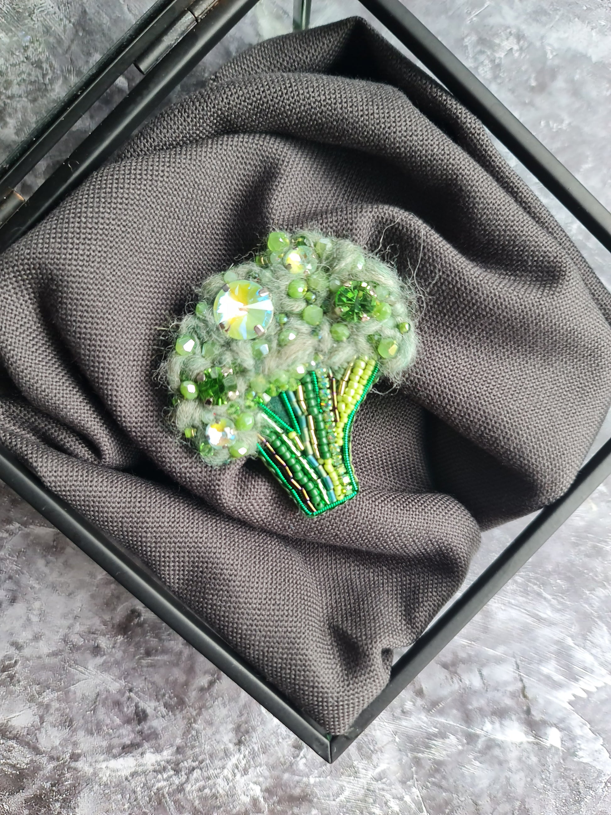 Small broccoli beaded brooch hand embroidered with green beads crystals and soft textured details