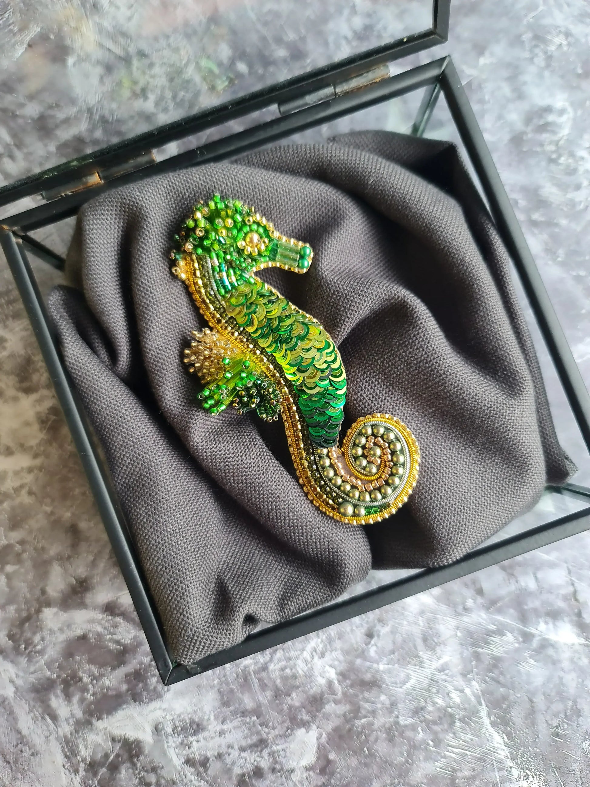 Green Seahorse Beaded Brooch