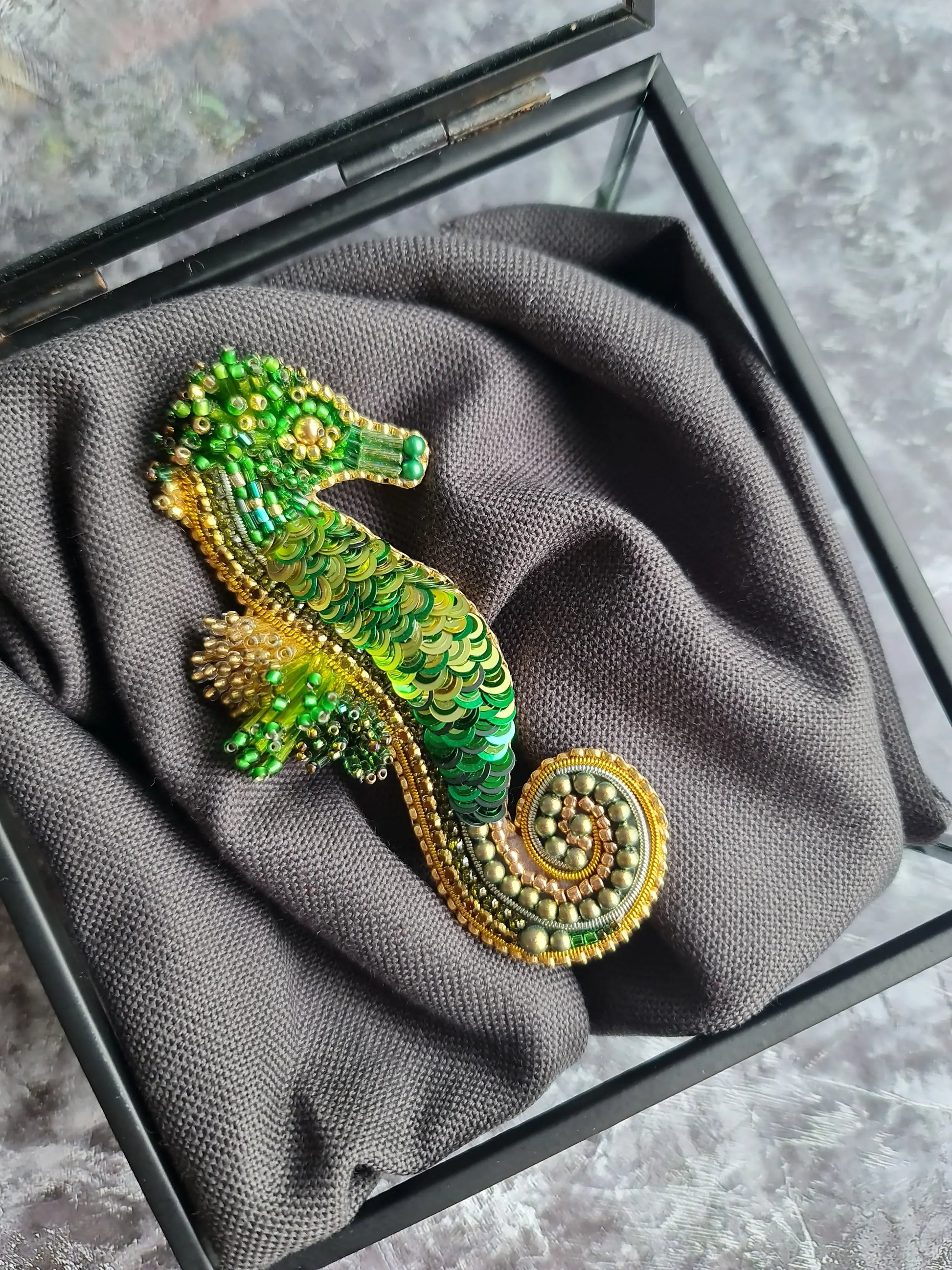 Green Seahorse Beaded Brooch